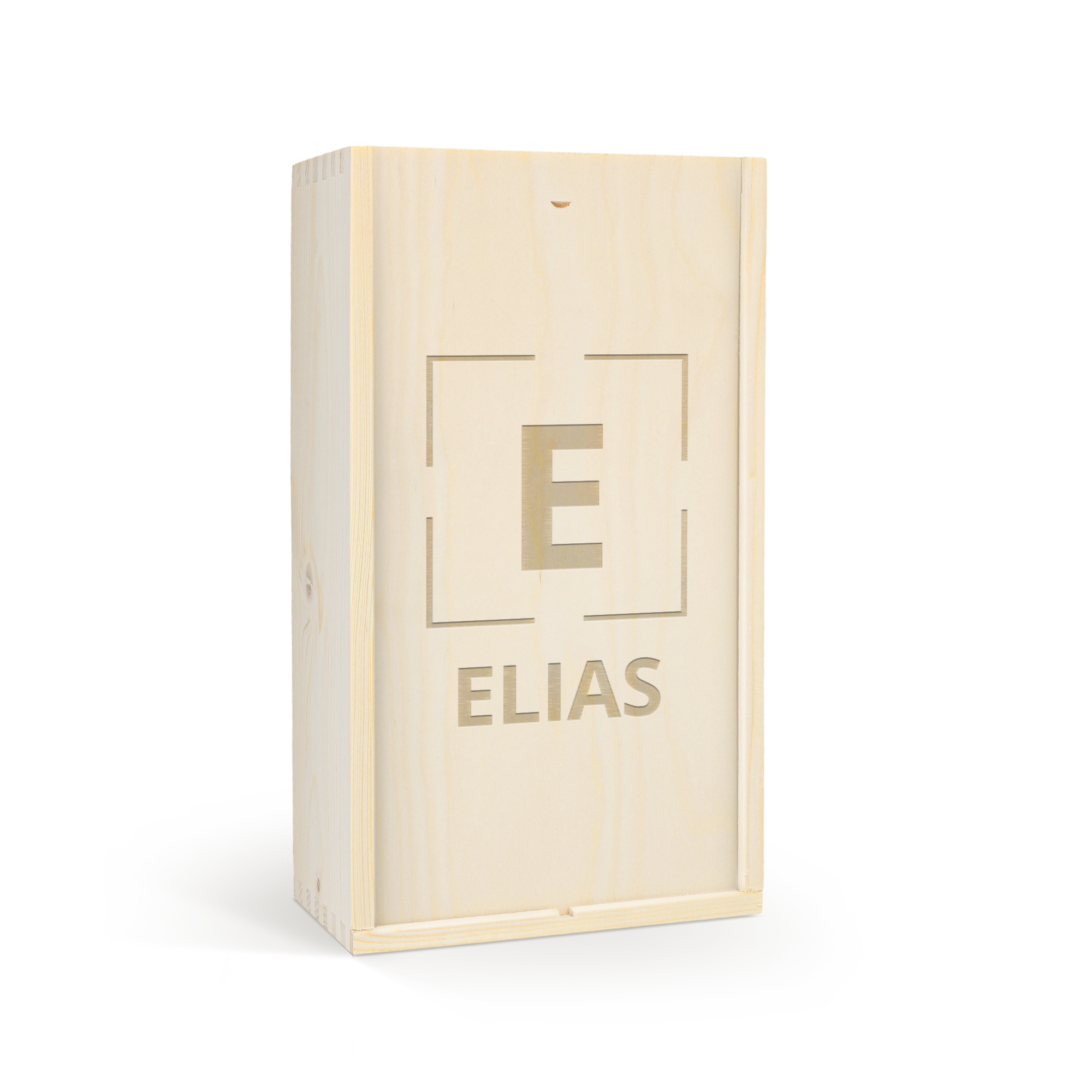 Personalised wooden case for wine engraved with the name ELIAS and initial E