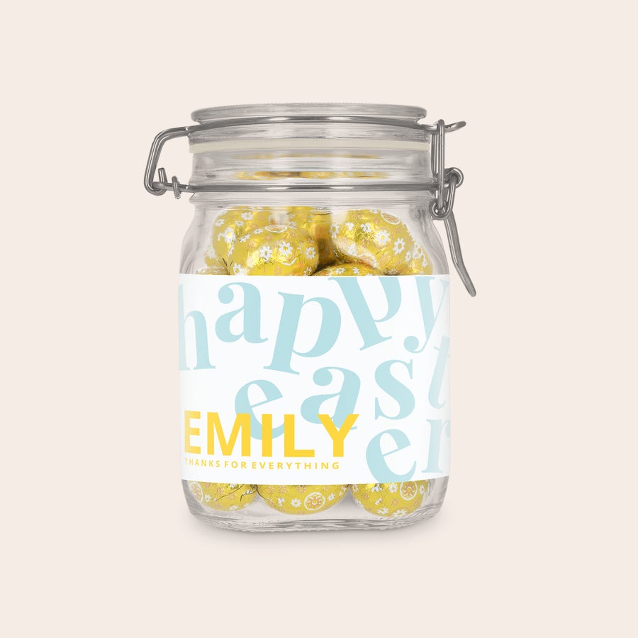 Czekoladowe jajeczka w personalizowanym słoju 1l Czekoladowe jajeczka w personalizowanym słoju 1l