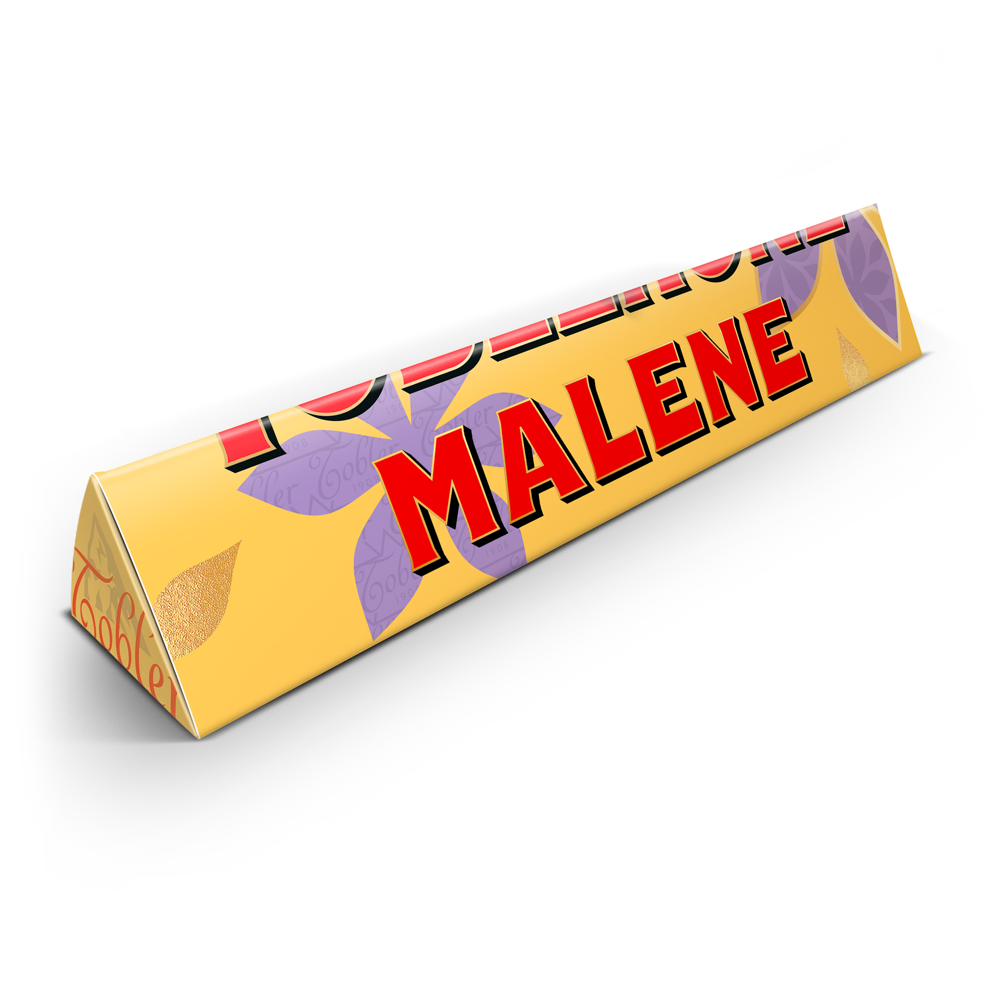 Personlig Toblerone-chokoladebar med navnet "MALENE" trykt på indpakningen.