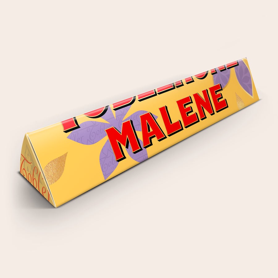 Toblerone med navn - Mors Dag Personlig Toblerone-chokoladebar med navnet "MALENE" trykt på indpakningen.