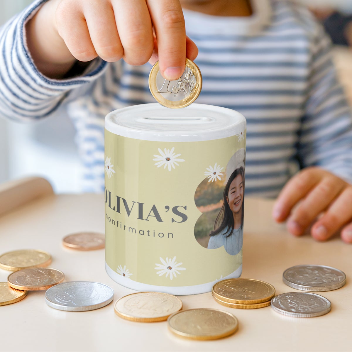 Sparebøsse til Konfirmation med billede og tekst