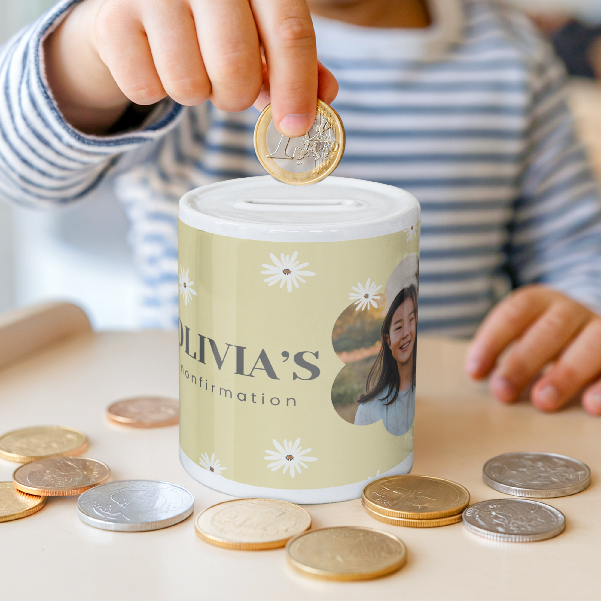 Sparebøsse til Konfirmation med billede og tekst