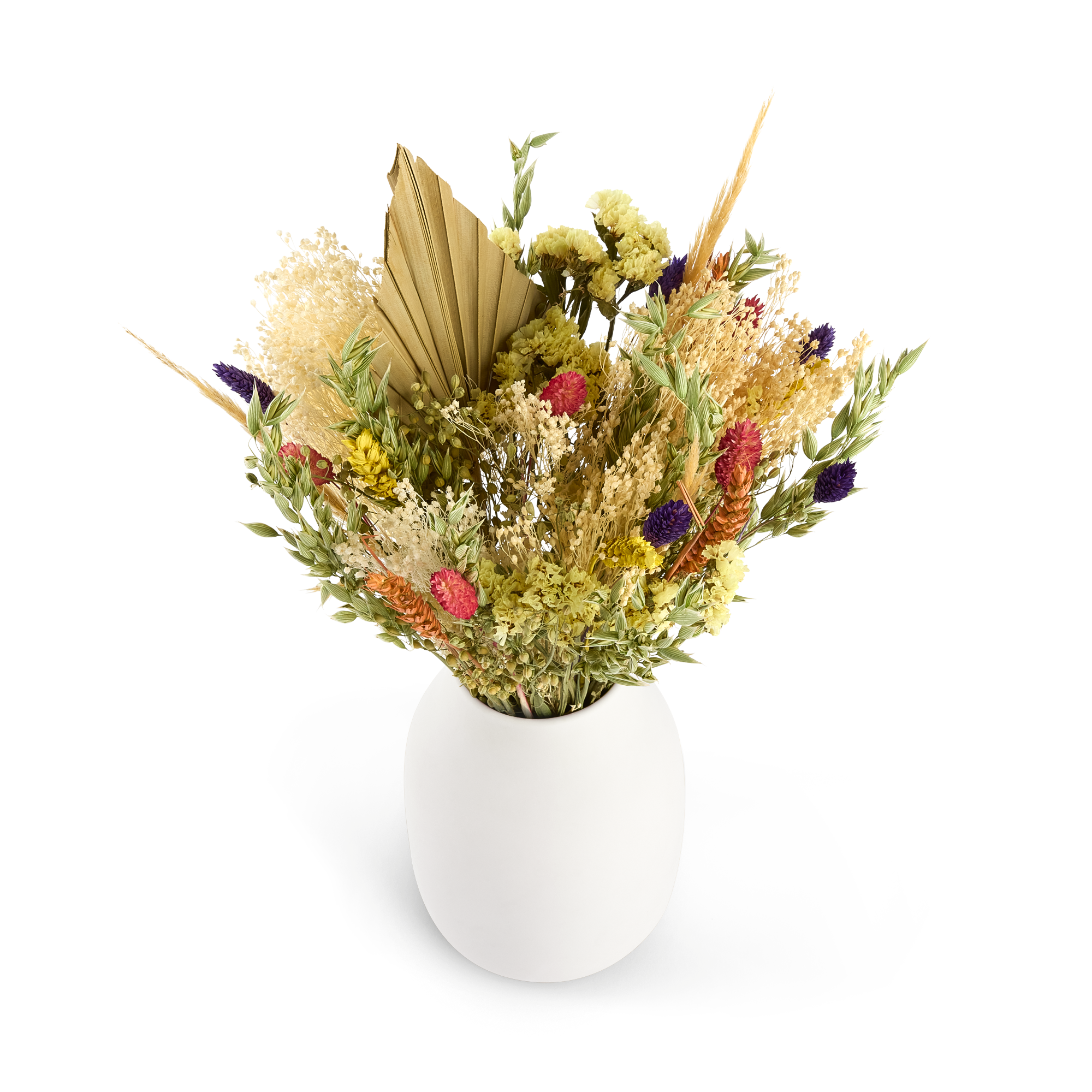 Bunter Blumenstrauß aus getrockneten Blumen in einer weißen Vase. Die Blumen können mit einer persönlichen Karte individualisiert werden.