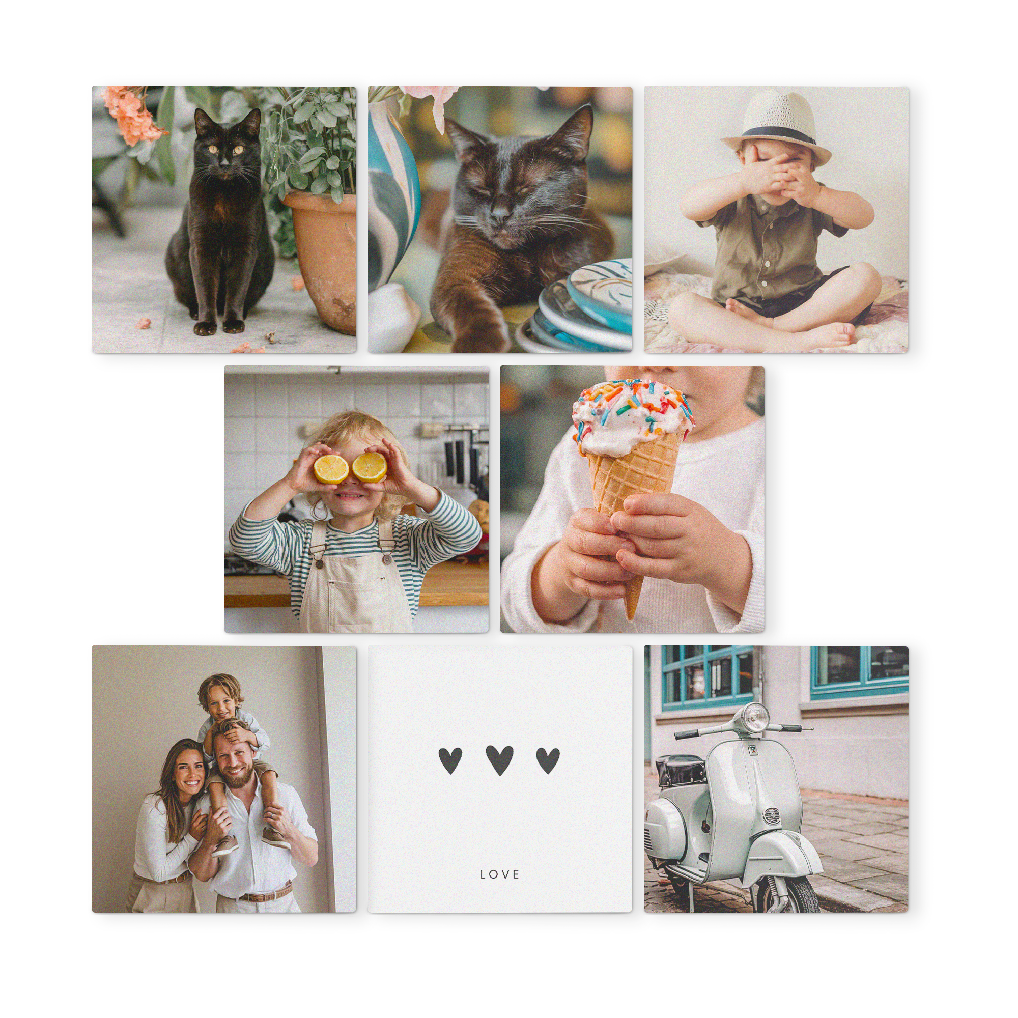 Paneles de arte de madera personalizados impresos con fotos de gatos, niños, una familia y una moto.