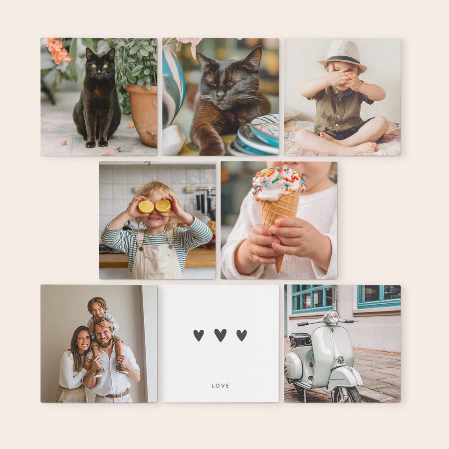 Pannelli Murali Personalizzati Pannelli in legno con design personalizzato stampato, tra cui foto di gatti, bambini, famiglia, un messaggio "LOVE" e una vespa per decorare la tua parete.