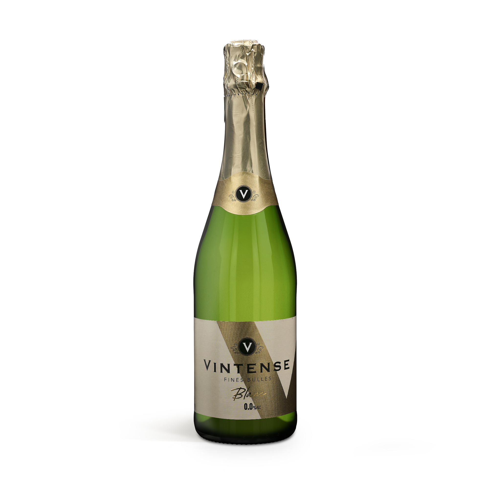 Vintense 0% mousserende hvidvin i grøn flaske med guldetikette, perfekt til en luksusgraveret vinboks.