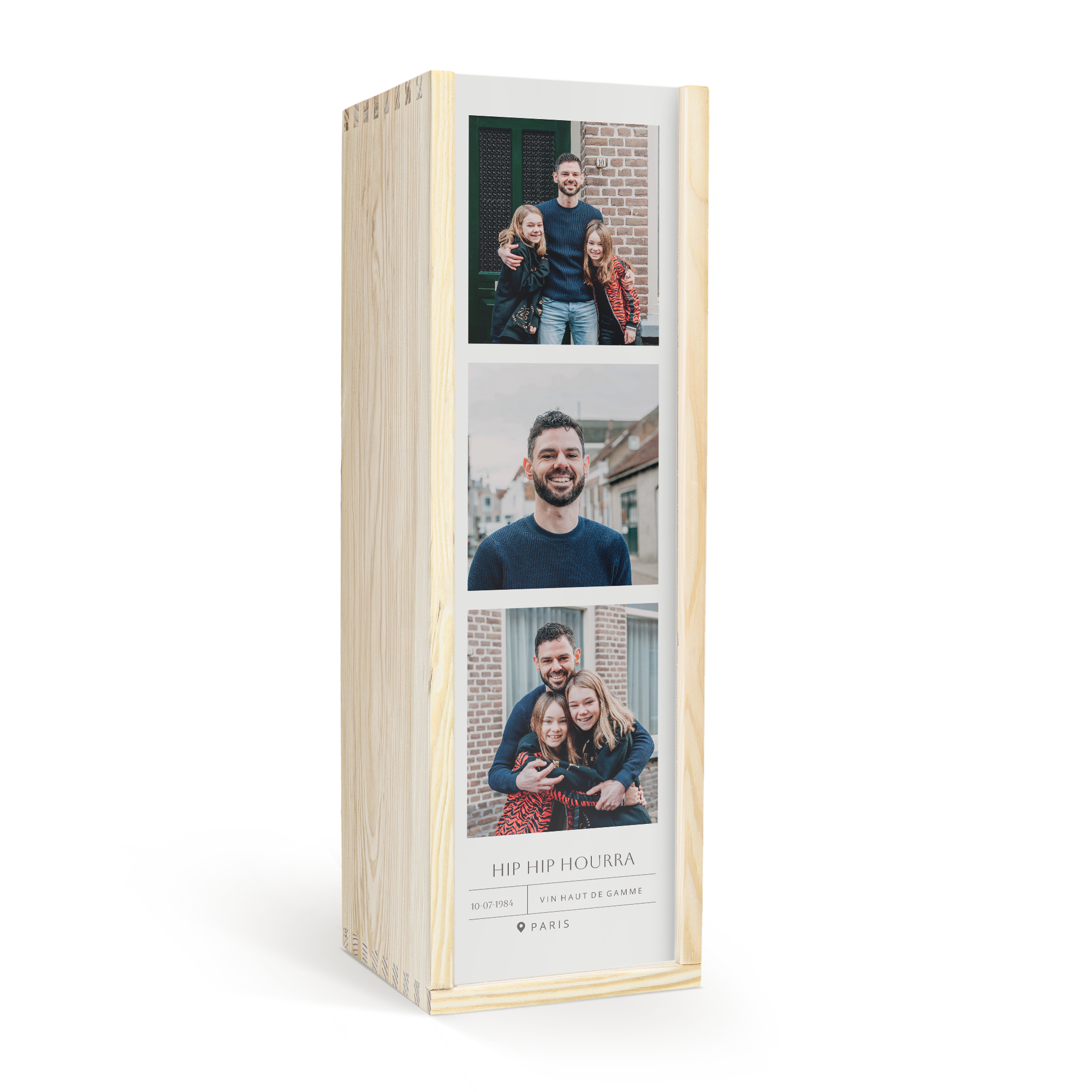 Coffret en bois personnalisé avec trois photos et le texte Hip Hip Hourra