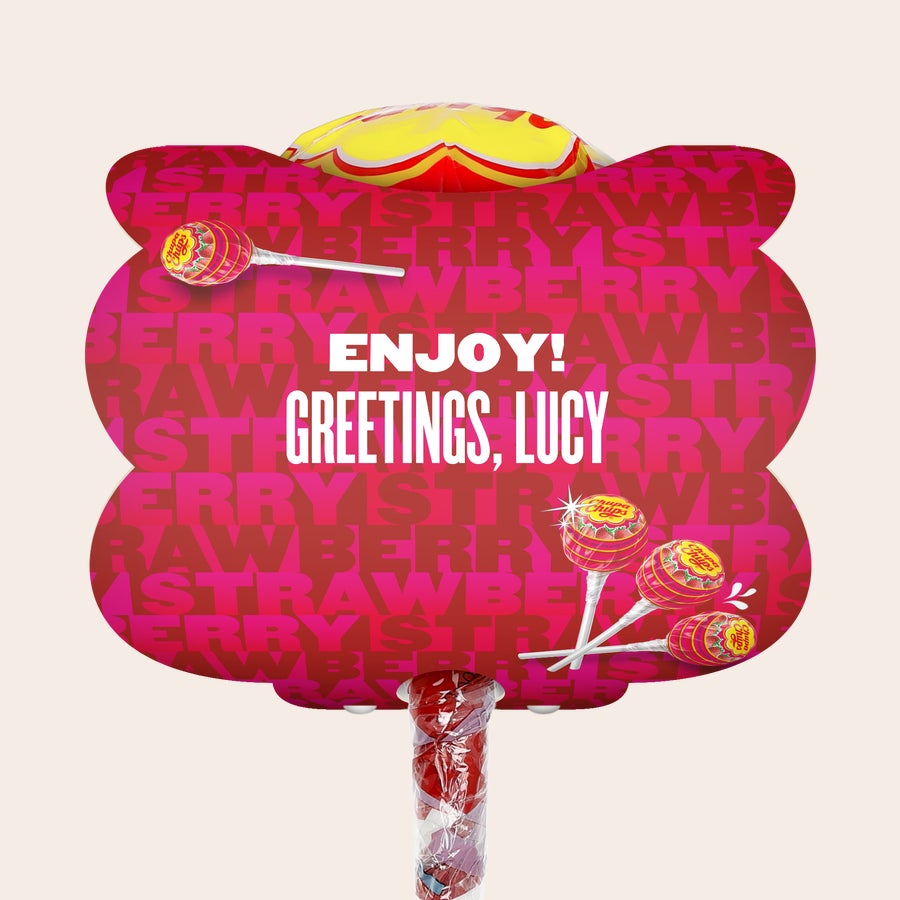 Mega Chupa Chups - personalised Mega Chupa Chups - personalised - Strawberry - 20 lollys with "Enjoy! Greetings, Lucy" text printed on the label.