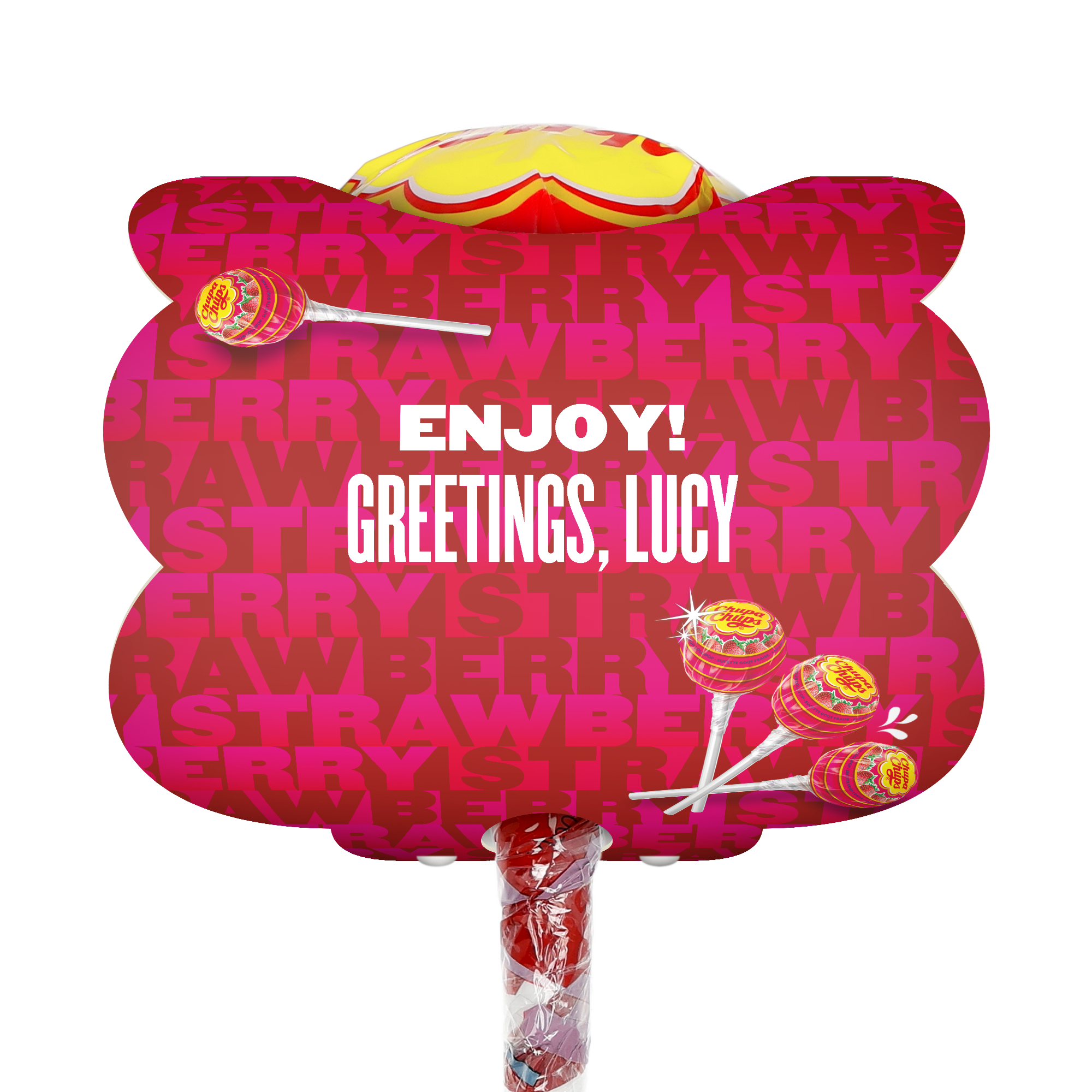 Mega Chupa Chups personalizado Fresa, con 20 piruletas y mensaje "Enjoy! Greetings, Lucy" impreso.
