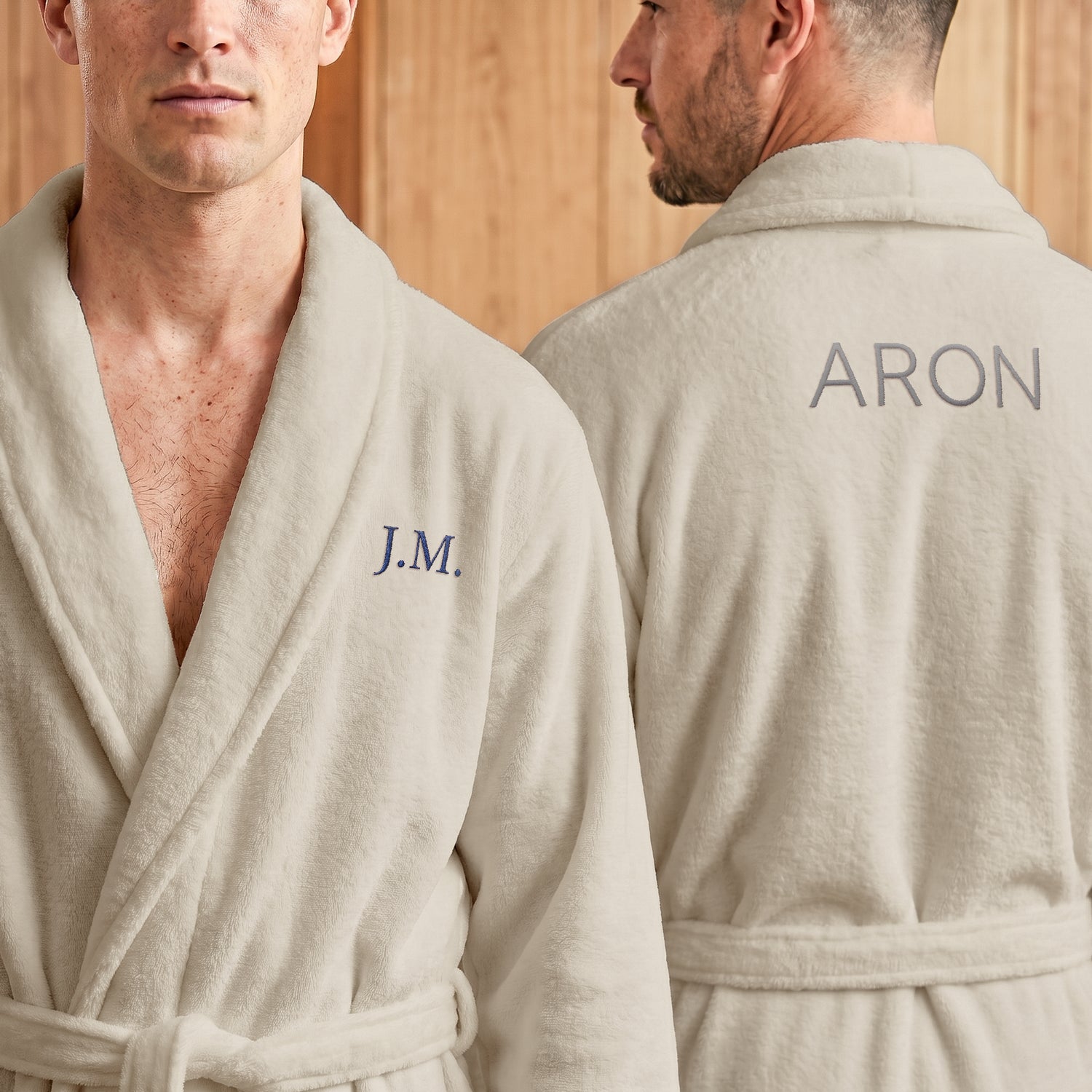 Personaliseret Herre Fleece Morgenkåbe - Broderet - Beige - L/XL