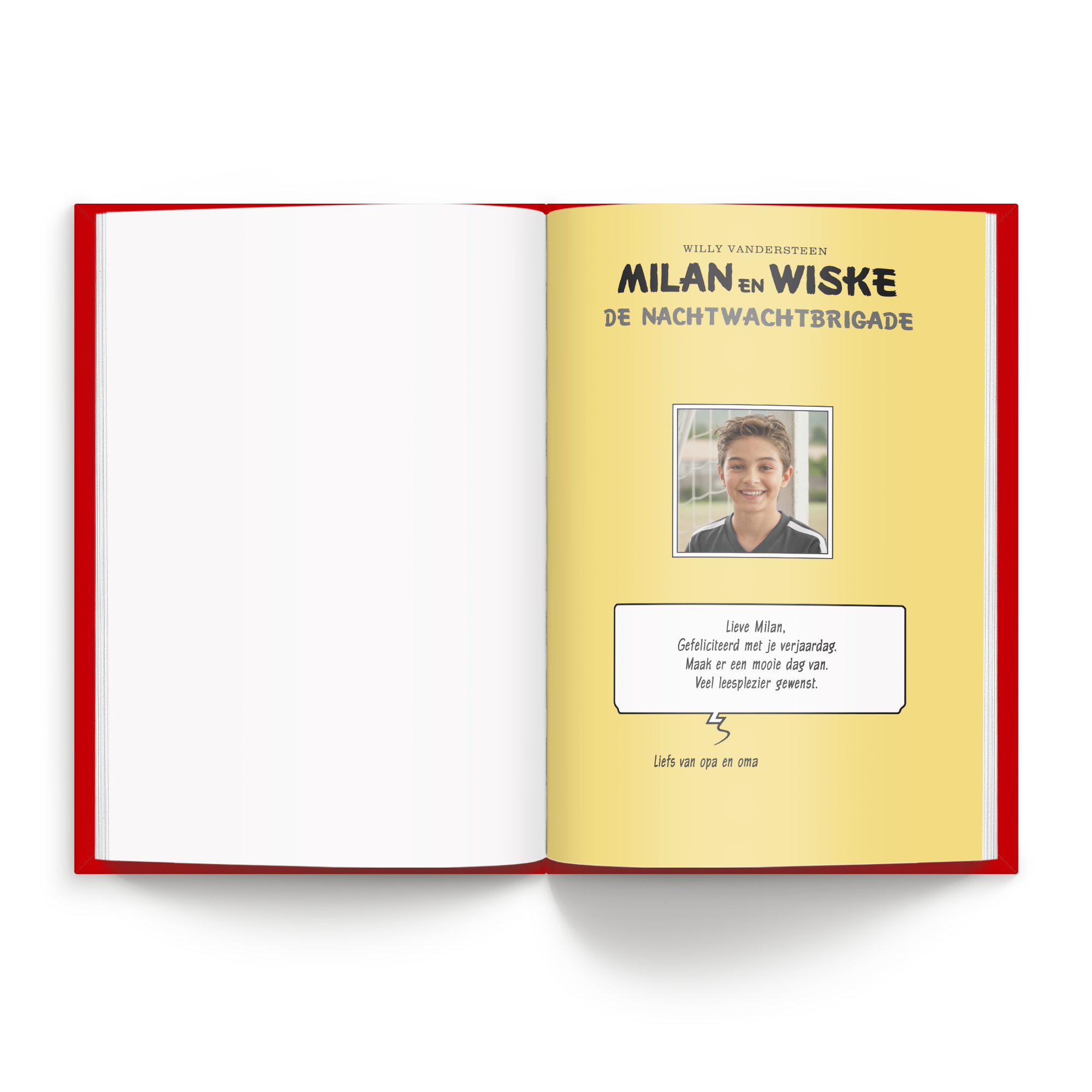 Persoonlijk stripboek Suske en Wiske De Nachtwachtbrigade (Hardcover) met gepersonaliseerde naam Milan, foto en tekst van opa en oma.