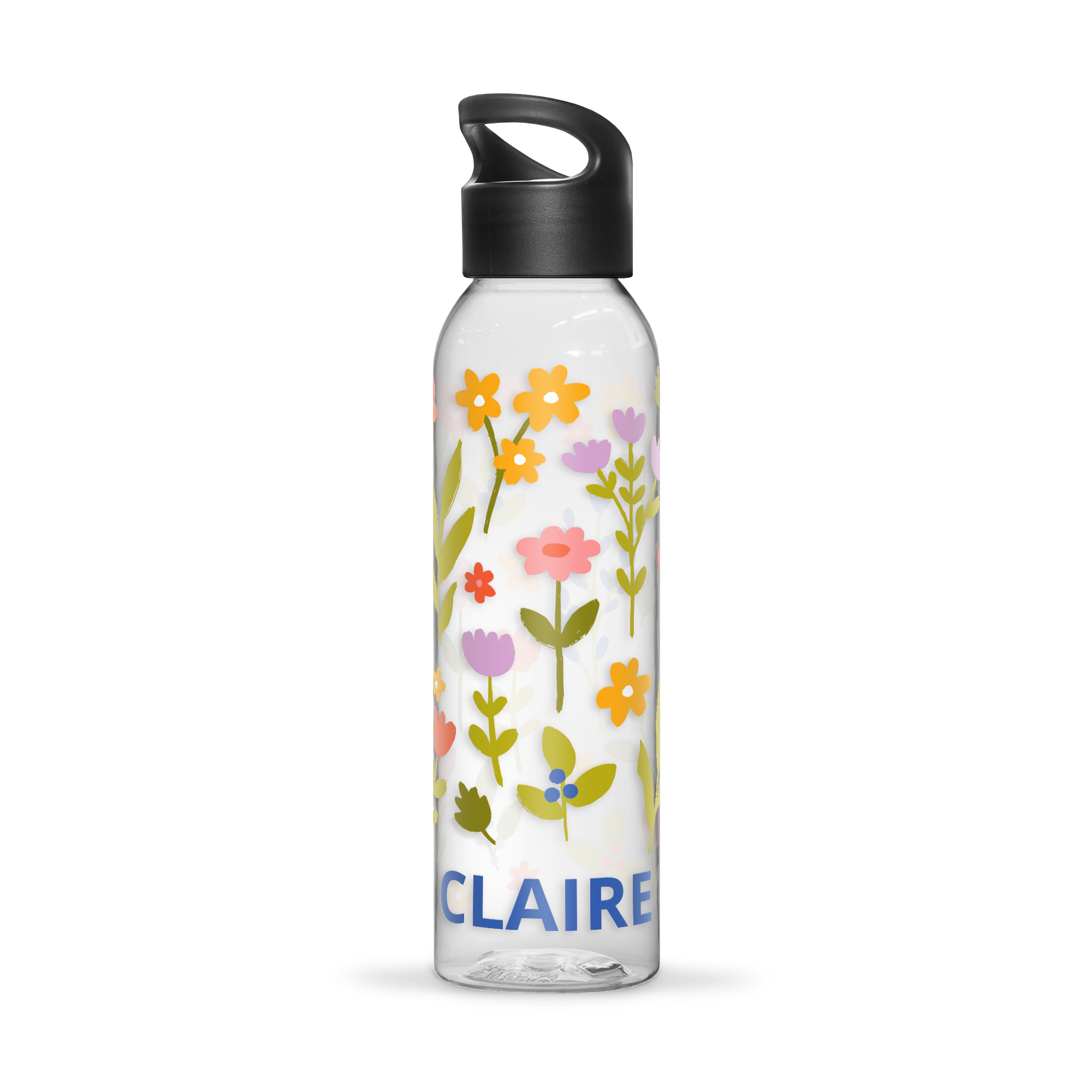 Bouteille d'eau personnalisée avec un motif floral coloré et le prénom Claire imprimé