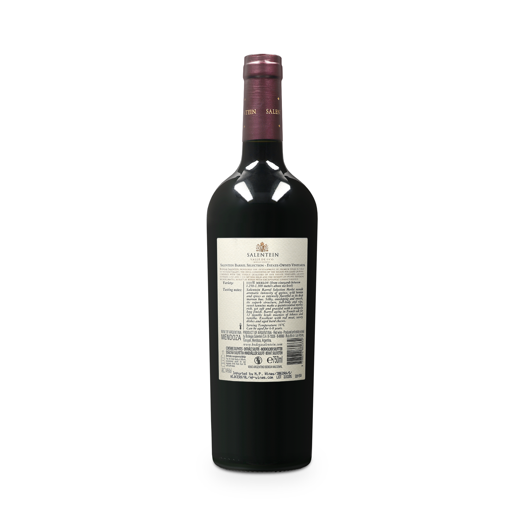 Botella de Salentein Merlot con etiqueta impresa de fábrica, perfecta para personalizar con fotos y texto.