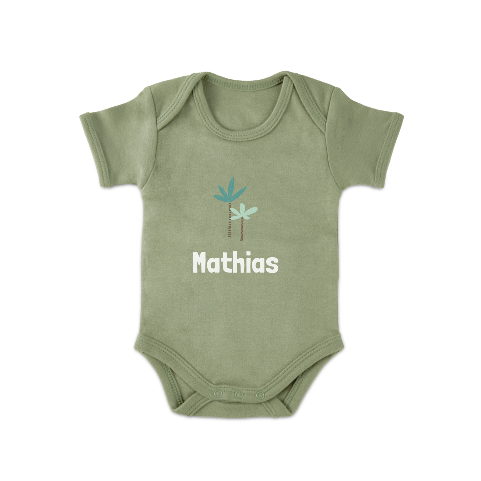 Body vert clair personnalisé pour bébé avec un motif de palmier et le prénom Mathias imprimé