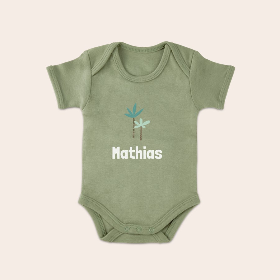 Body personnalisé Body vert clair personnalisé pour bébé avec un motif de palmier et le prénom Mathias imprimé