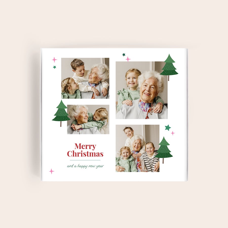 Pralinés de Milka Natal Caixa de presente Milka personalizada para o Natal com quatro fotos e árvores de Natal impressas