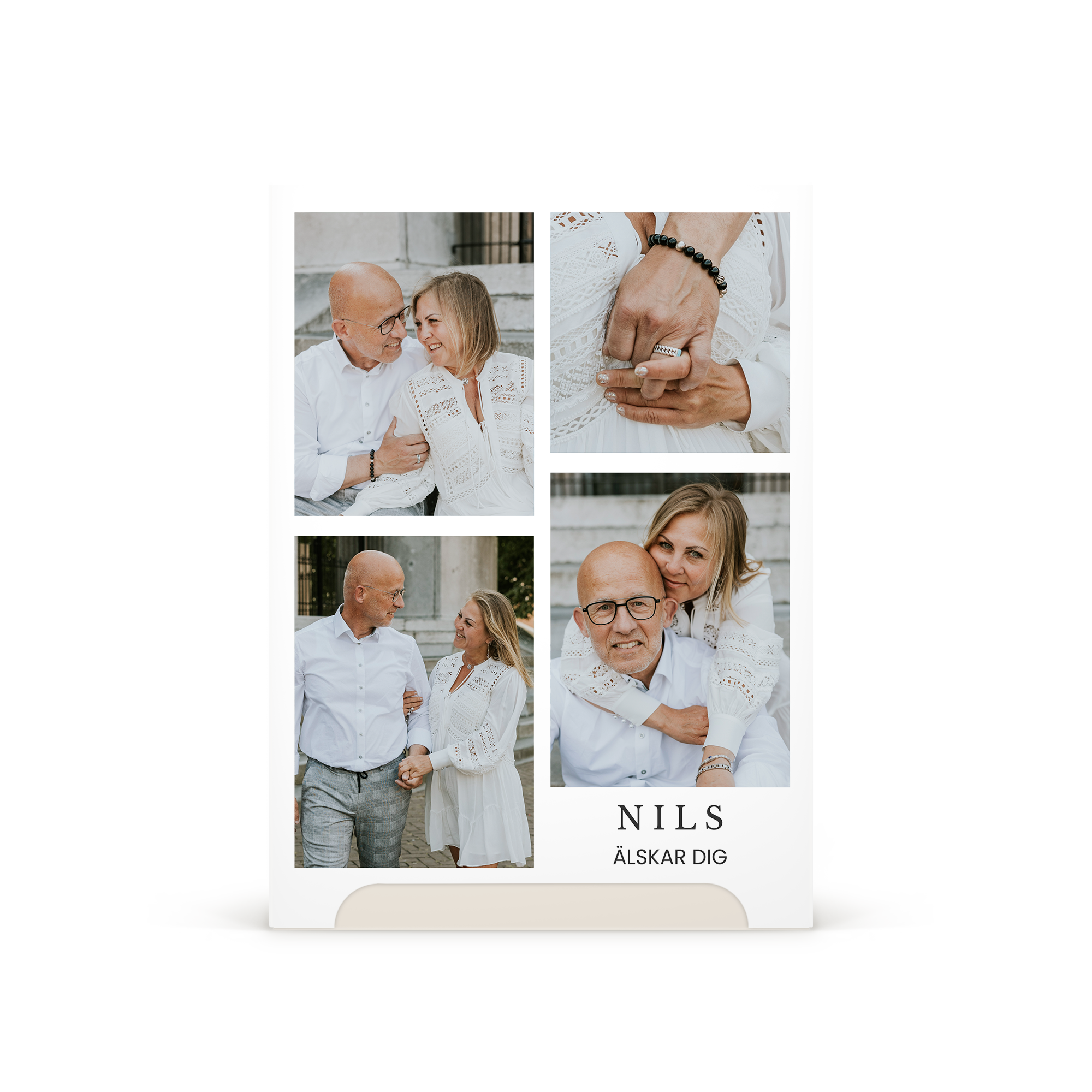 Personlig välbefinnande presentuppsättning för män med fyra bilder och texten "Nils älskar dig" tryckt i färg på förpackningen.