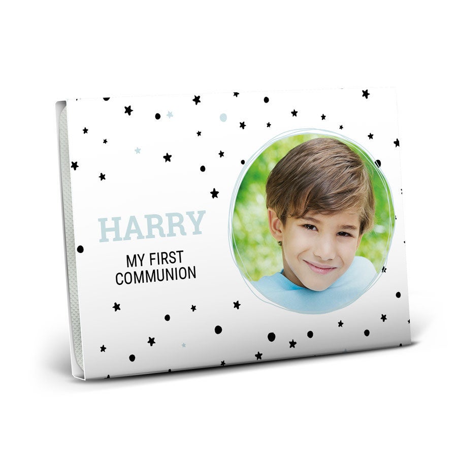 Balenie žuvačiek Mentos s veselým dizajnom, menom Harry a fotografiou chlapca, vytlačené ako poďakovanie.