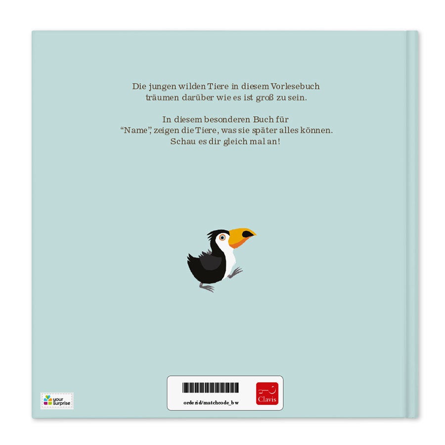 Ein super großes fröhliches Kinderbuch mit Namen und cooles Maßbandposter Rückseite mit Tukan Vogel.