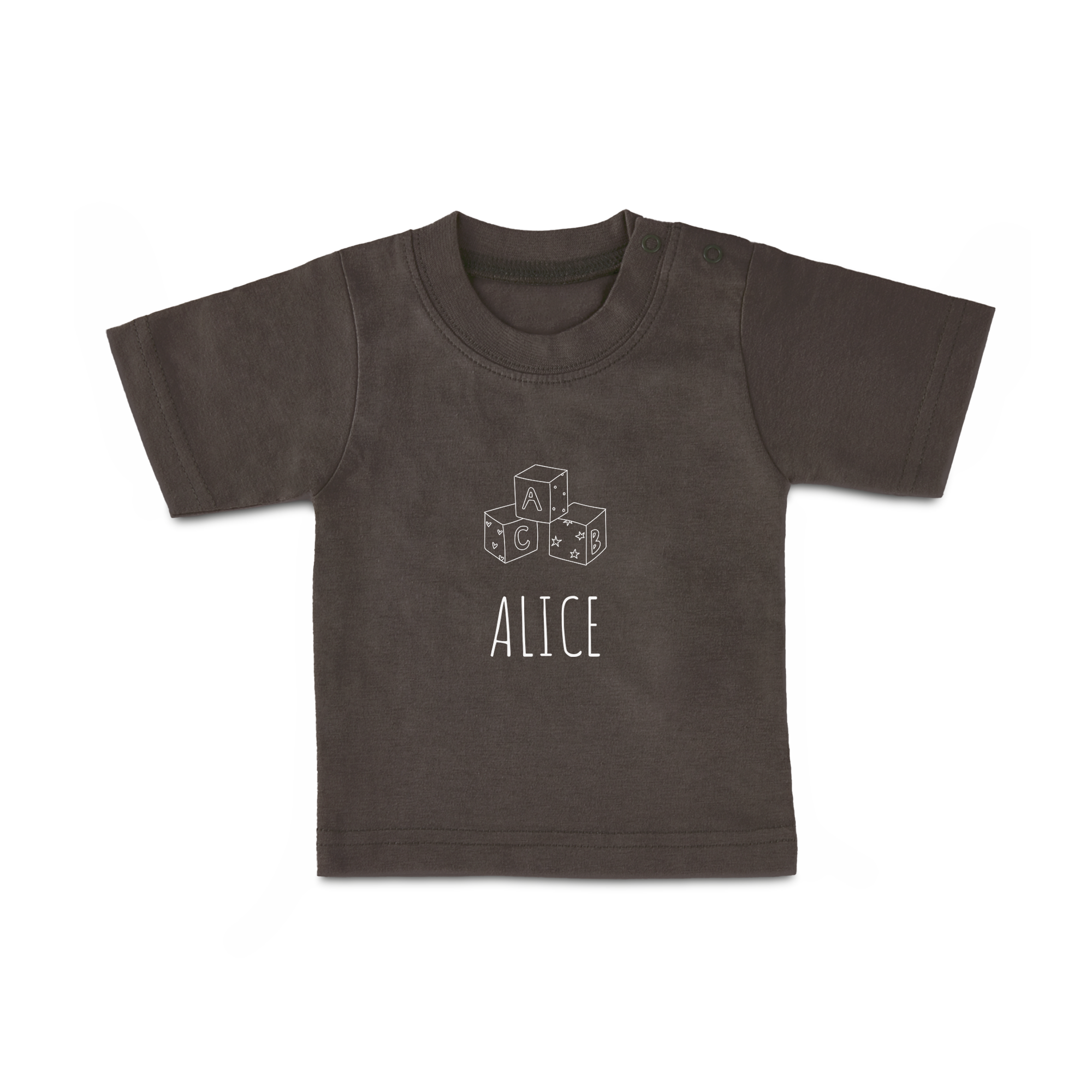 Dark grey personalized baby shirt with name Alice and alphabet blocks design printed in white