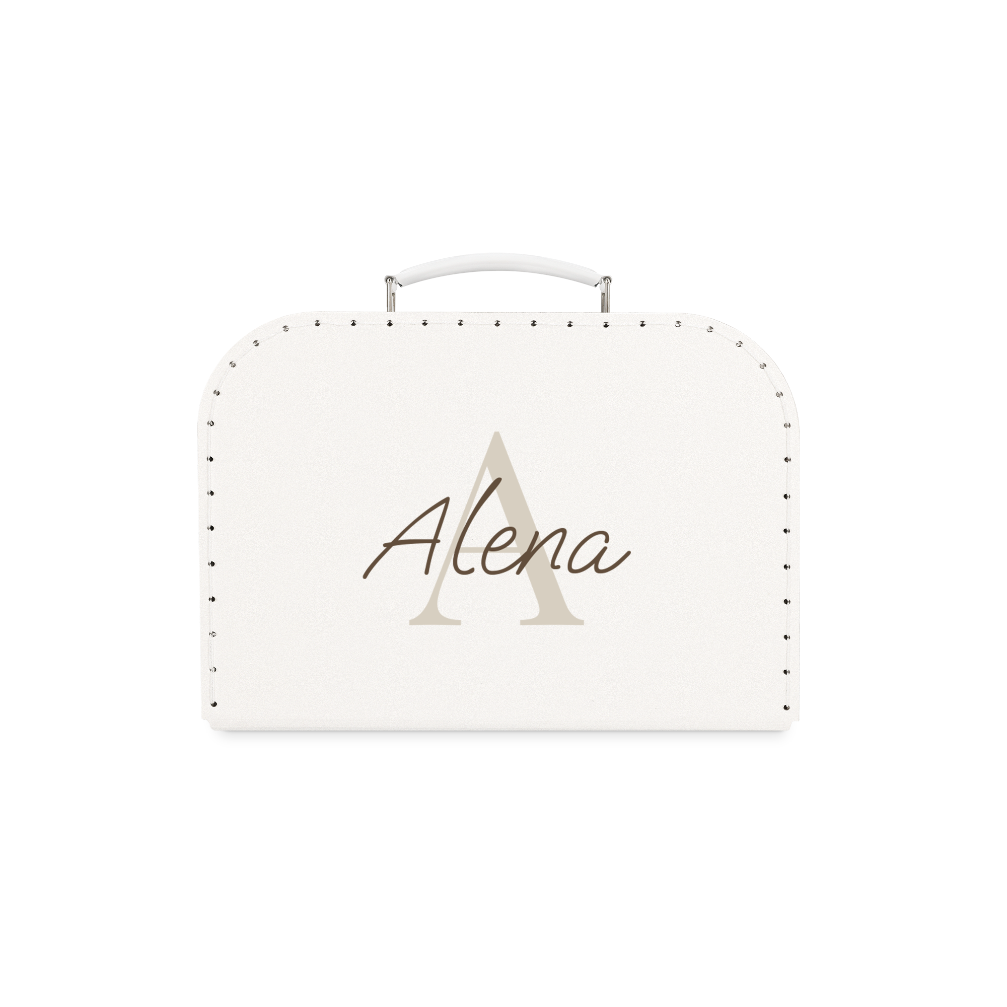 Kinderköfferchen in Weiß mit "Alena" und großem A personalisiert, bedruckt mit dem Namen.