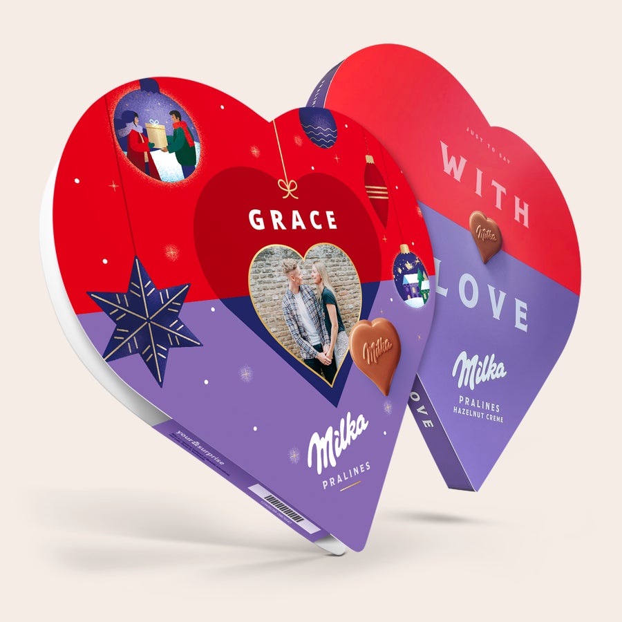 Corazón de Navidad Milka con nombre y foto Corazón Milka personalizado, impreso con foto de pareja, nombre Grace y adornos navideños. El regalo más dulce bajo el árbol.