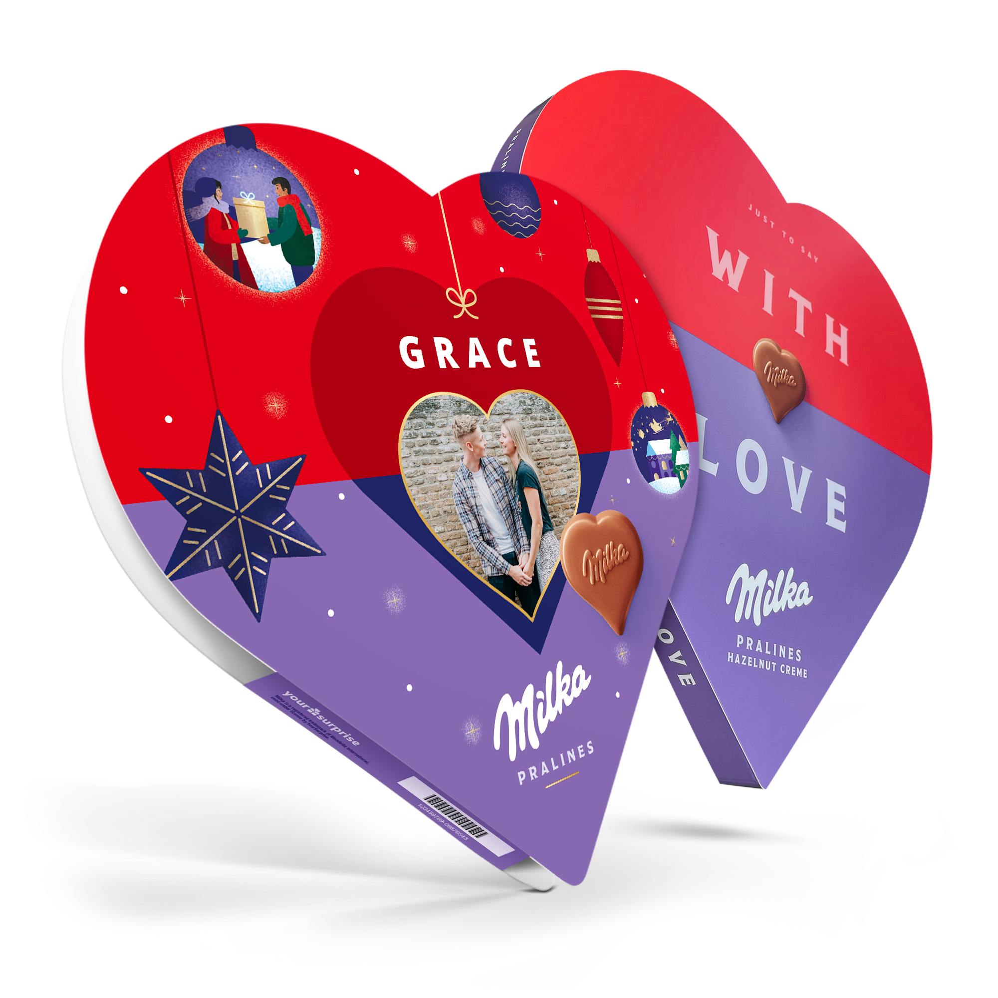 Et personlig Milka-hjerte trykt med bilde av et par og navnet Grace, den søteste gaven under treet.
