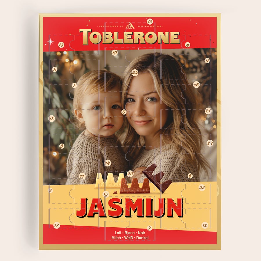 Calendário do Advento - Toblerone 2025 Calendário do Advento personalizado Toblerone com foto impressa de mãe e filho e o nome Jasmin para fazer a contagem regressiva para o Natal.