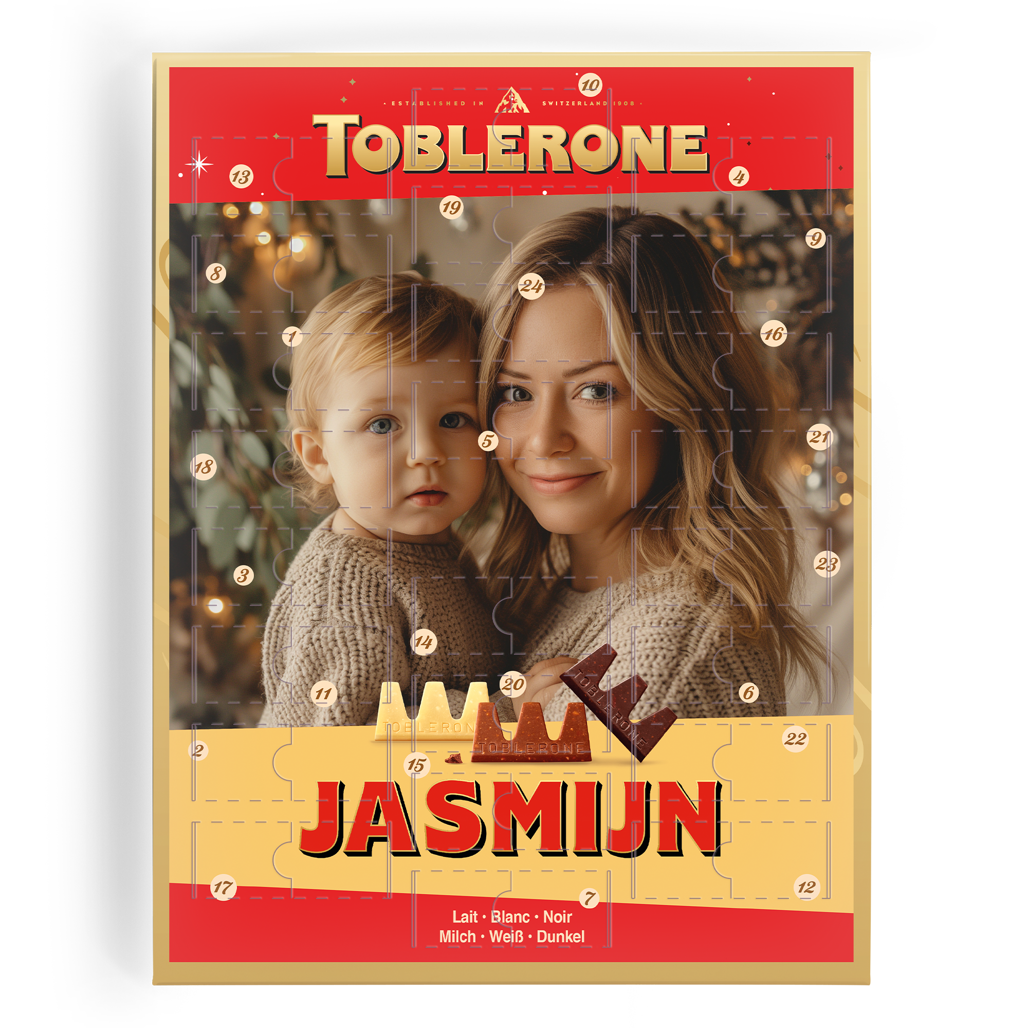 Prilagojen adventni koledar Toblerone s fotografijo mame in otroka ter imenom "Jasmijn", potiskano po meri.