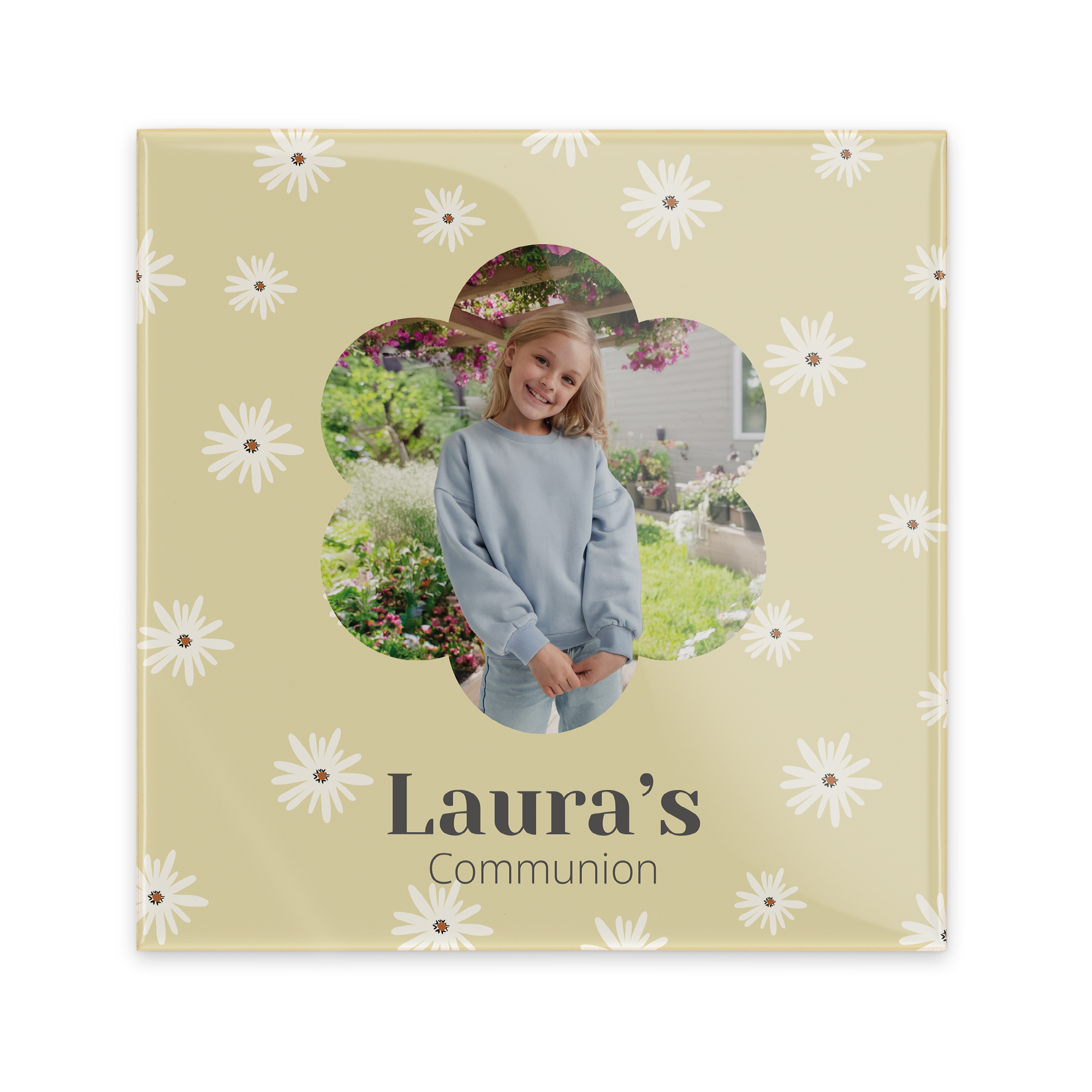Carreau mural jaune personnalisé imprimé avec photo d'une petite fille et texte Laura's Communion