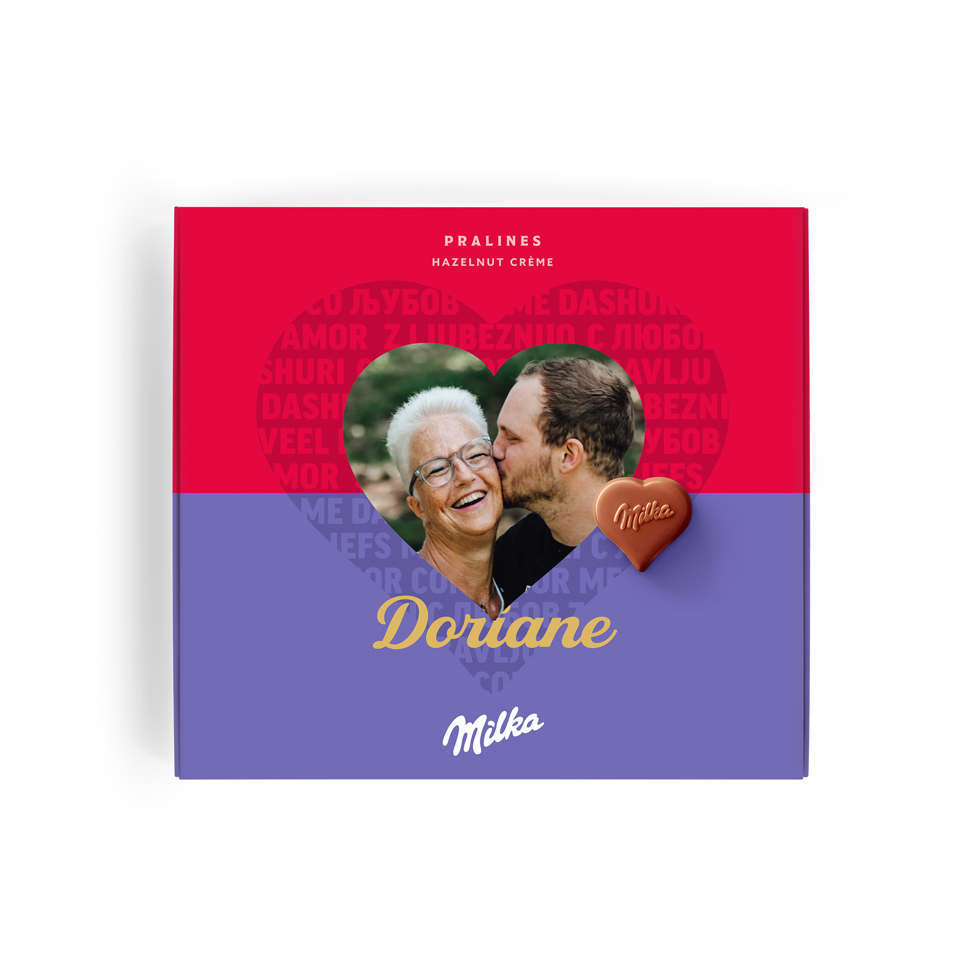 Coffret Milka personnalisé imprimé avec une photo d'un couple et le prénom Doriane