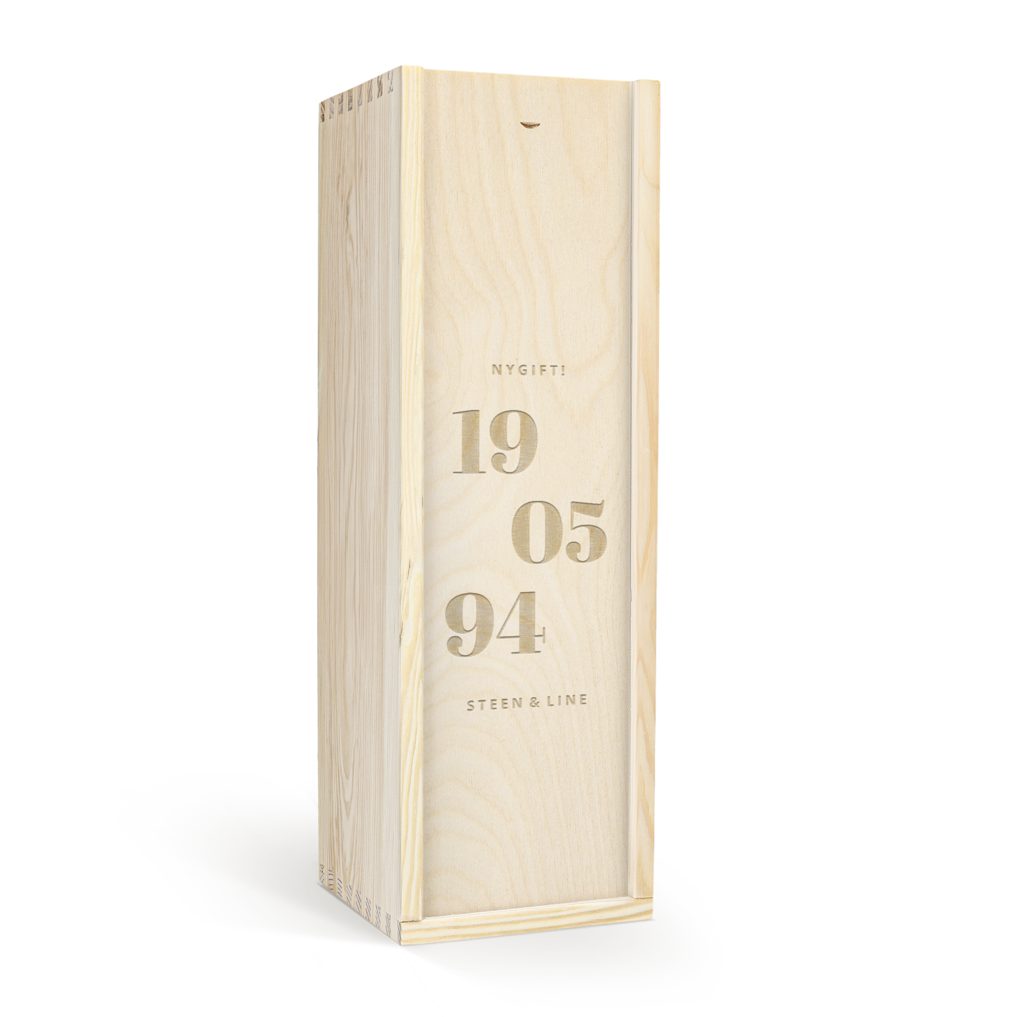 Luksus graveret trækasse til Moët & Chandon med NYGIFT 19 05 94 og STEEN & LINE