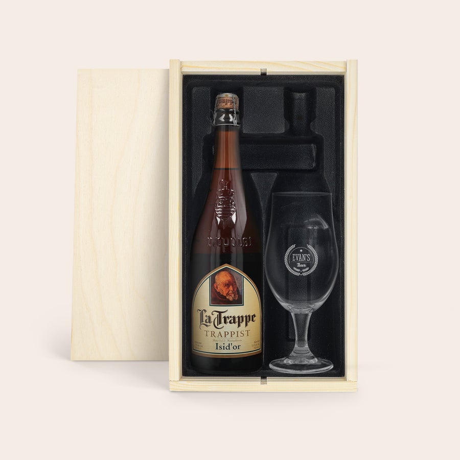 La Trappe Isid'or Personalizzato Cofanetto in legno con bottiglia di birra La Trappe Trappist Isid'or e un bicchiere inciso con il nome "EVAN'S" e la scritta "Beer".
