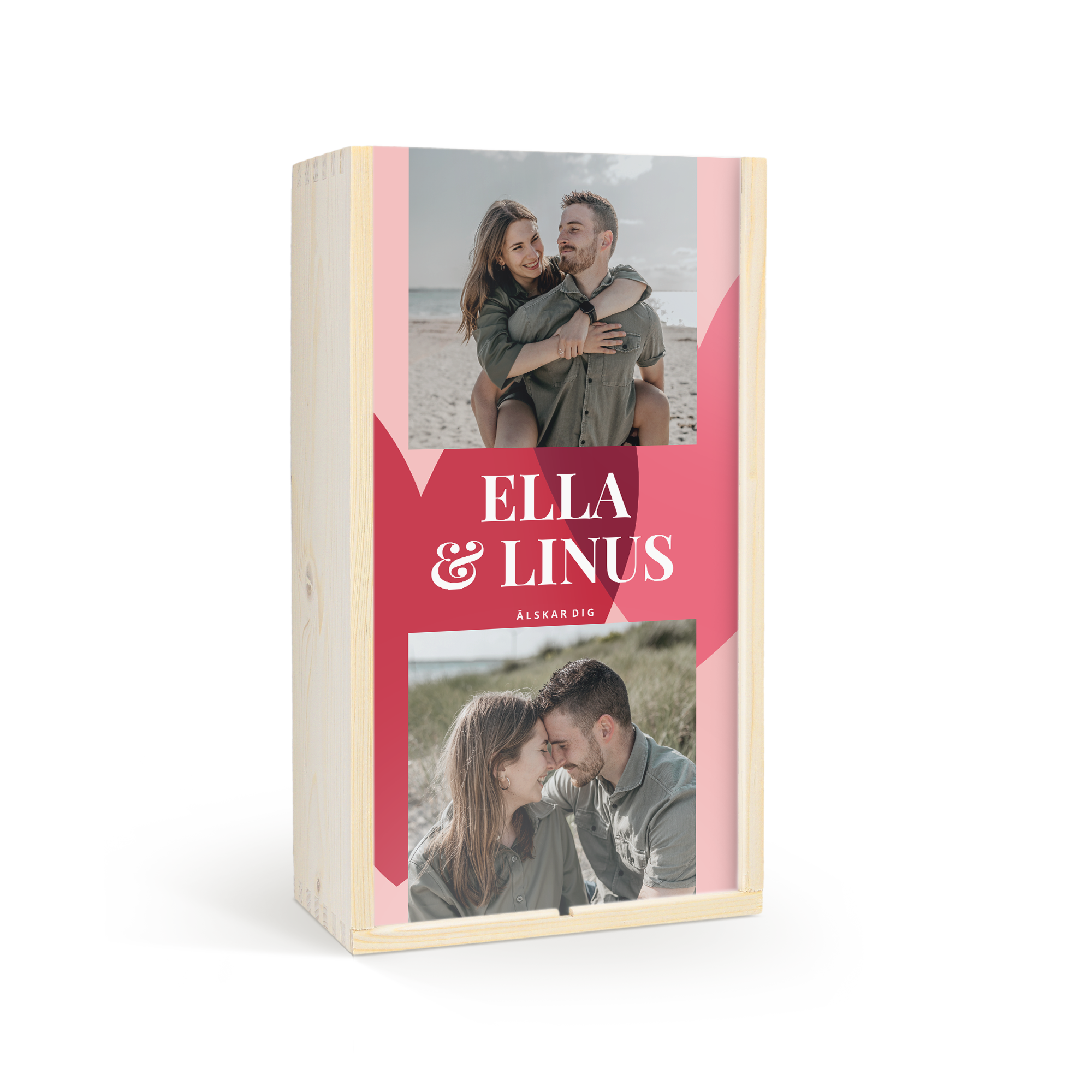 Oude Kaap vinpaket i en exklusiv vinlåda med tryckt foto av ett par namnen Ella & Linus