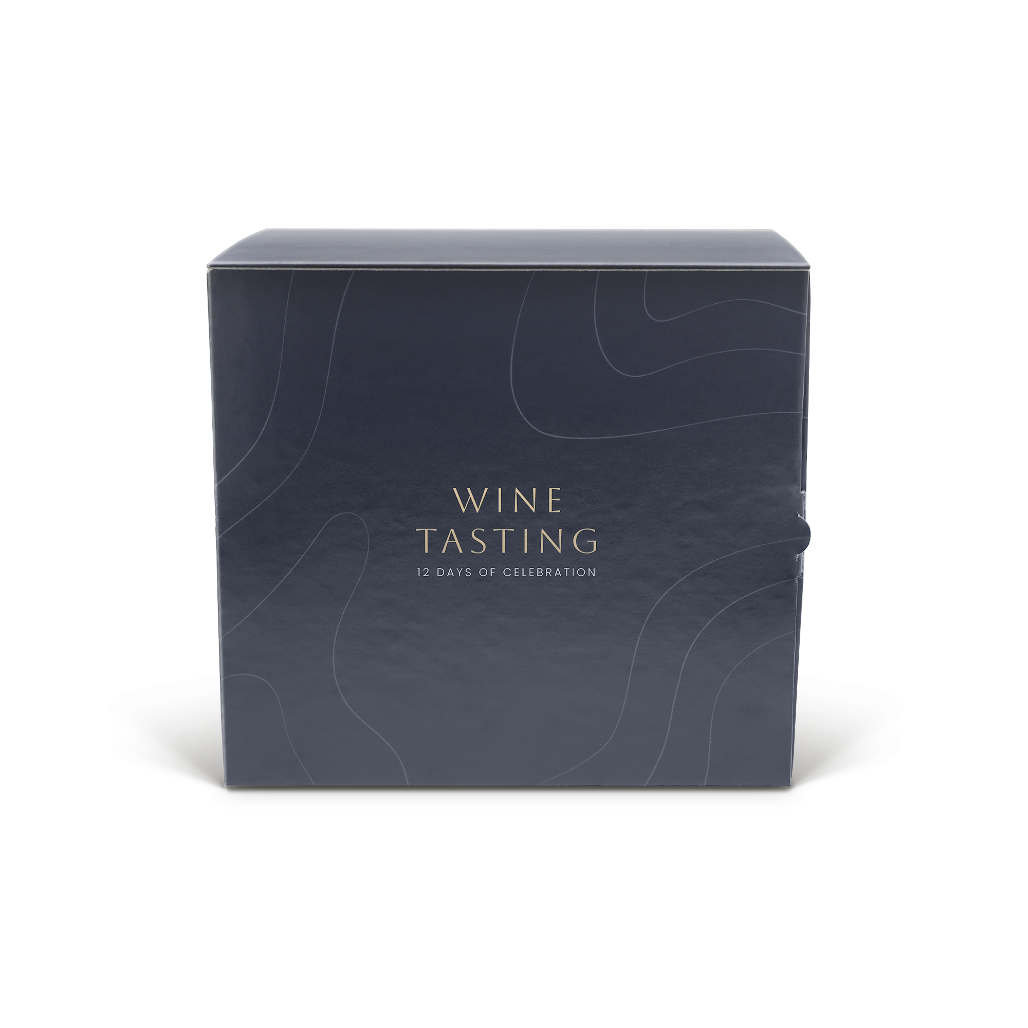 Donkerblauwe gepersonaliseerde wijn adventskalender met de tekst Wine Tasting 12 Days of Celebration erop bedrukt