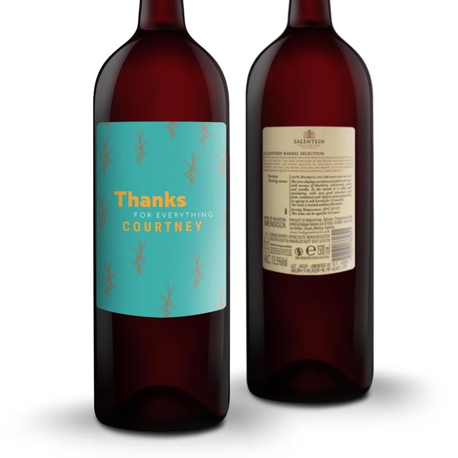 Fľaša vína Salentein Malbec s personalizovaným štítkom s textom Ďakujem za všetko Courtney