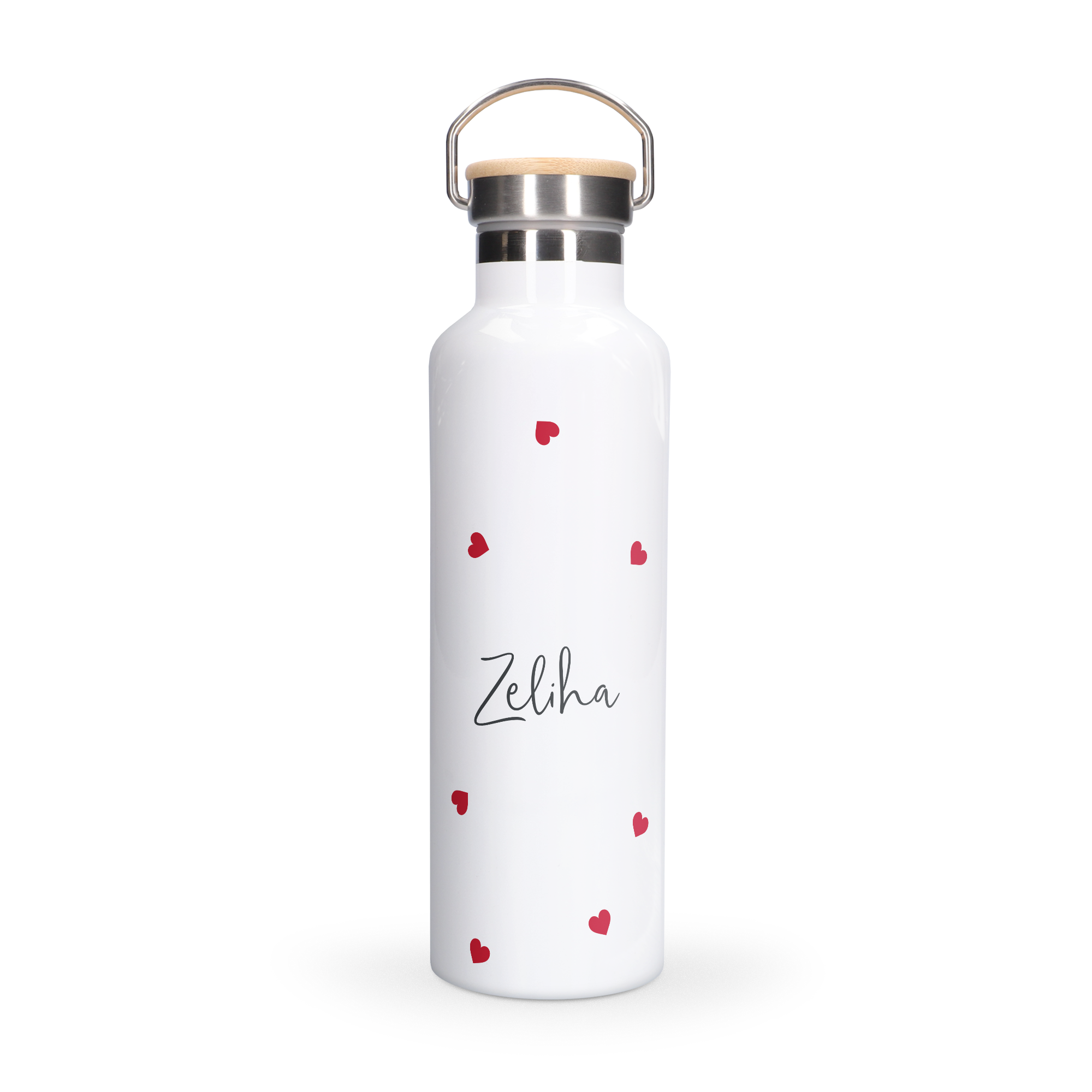 Botella de agua de bambú personalizada con nombre "Zeliha" y corazones rojos, impresa con foto y texto.