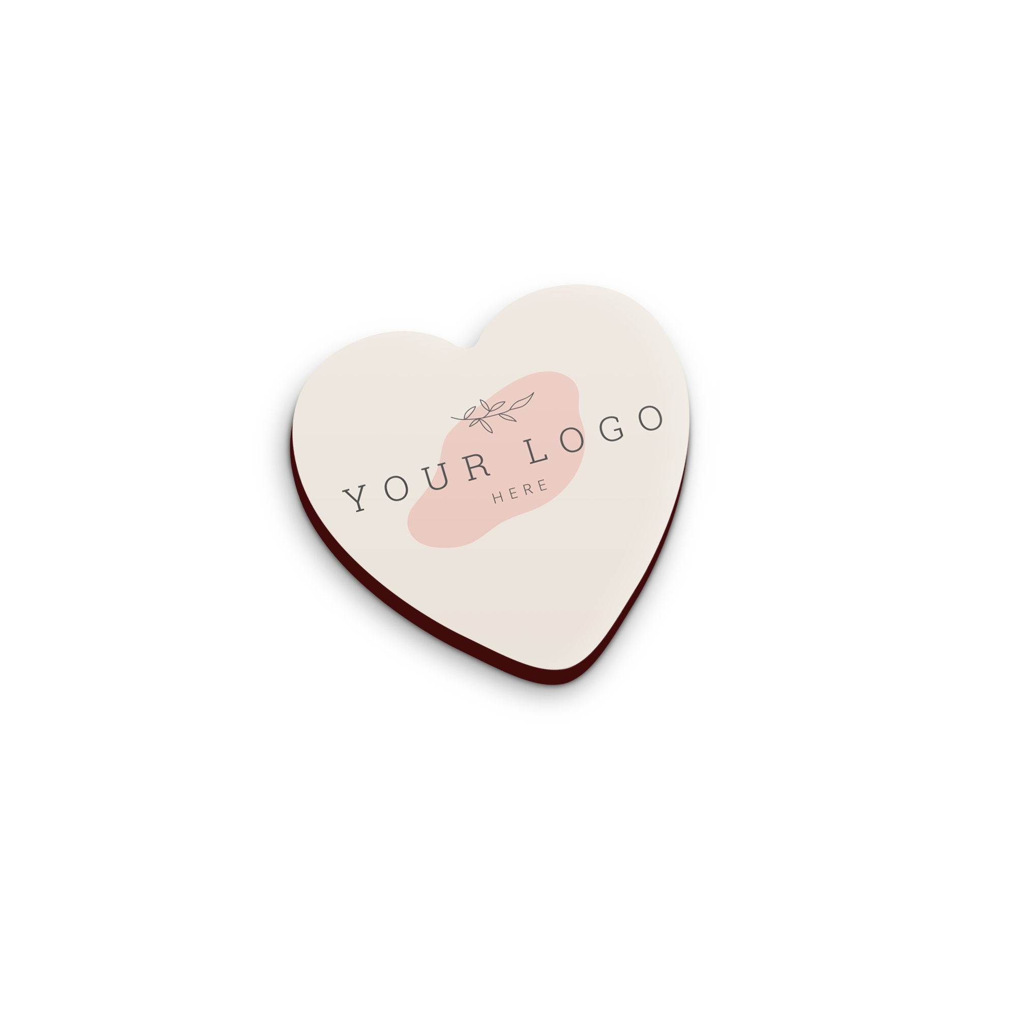 Calamita personalizzata a forma di cuore, stampata con il logo personalizzabile "YOUR LOGO HERE" per rendere la vita più divertente