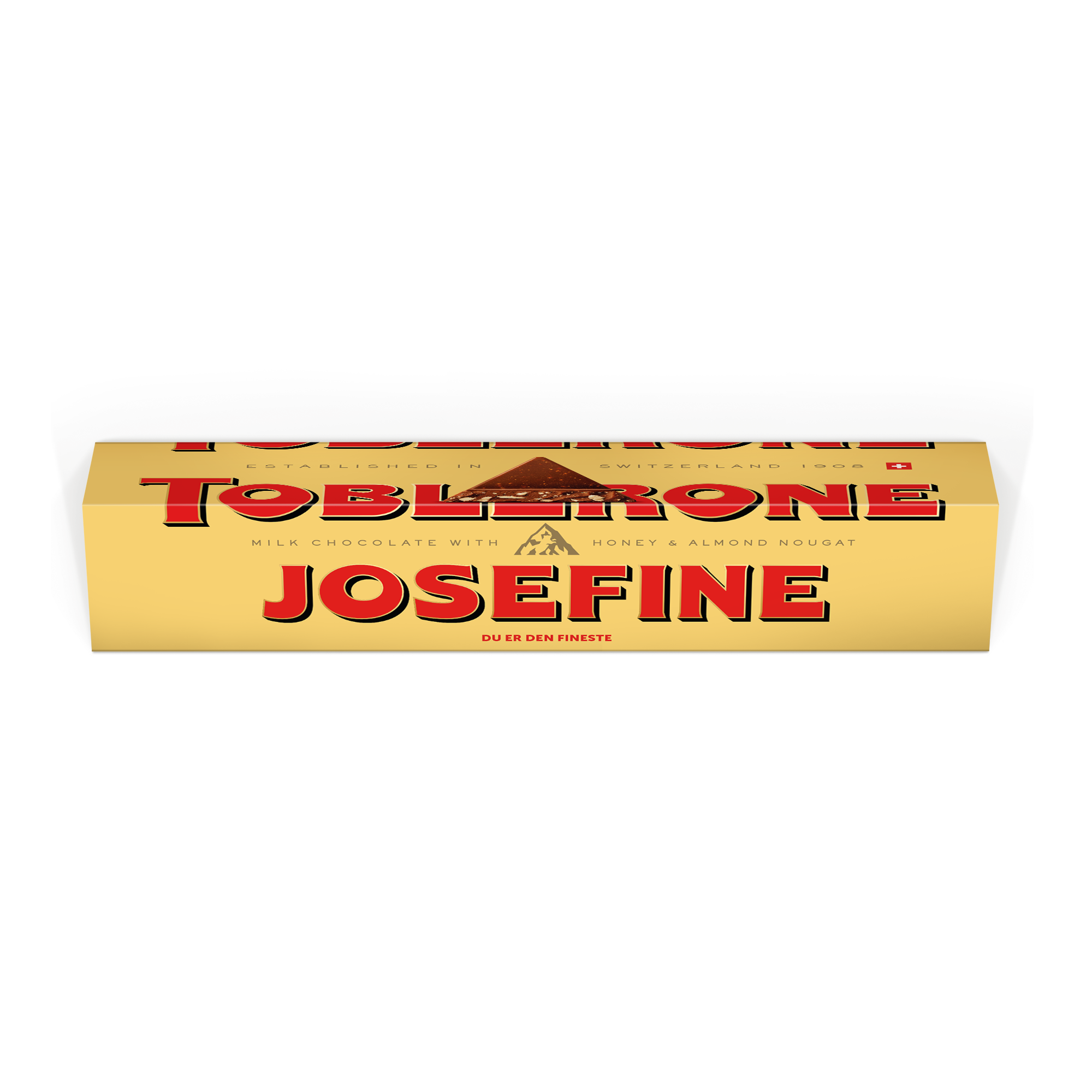Personlig Toblerone-bar - 3600 gram med gul emballasje, trykket med navn Josefine og teksten Du er den fineste.
