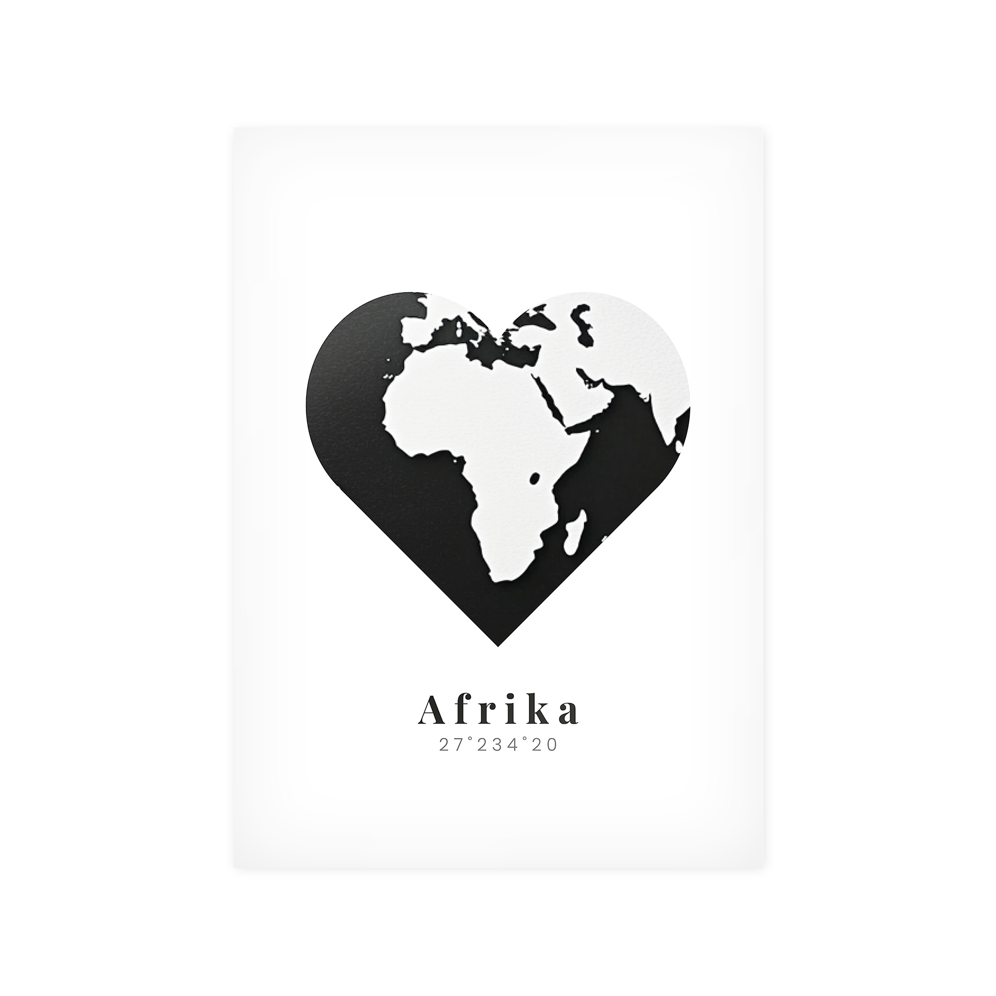 Fotografický plagát Afrika s mapou sveta v tvare srdca a textom „Afrika 27°234°20“ na mieru