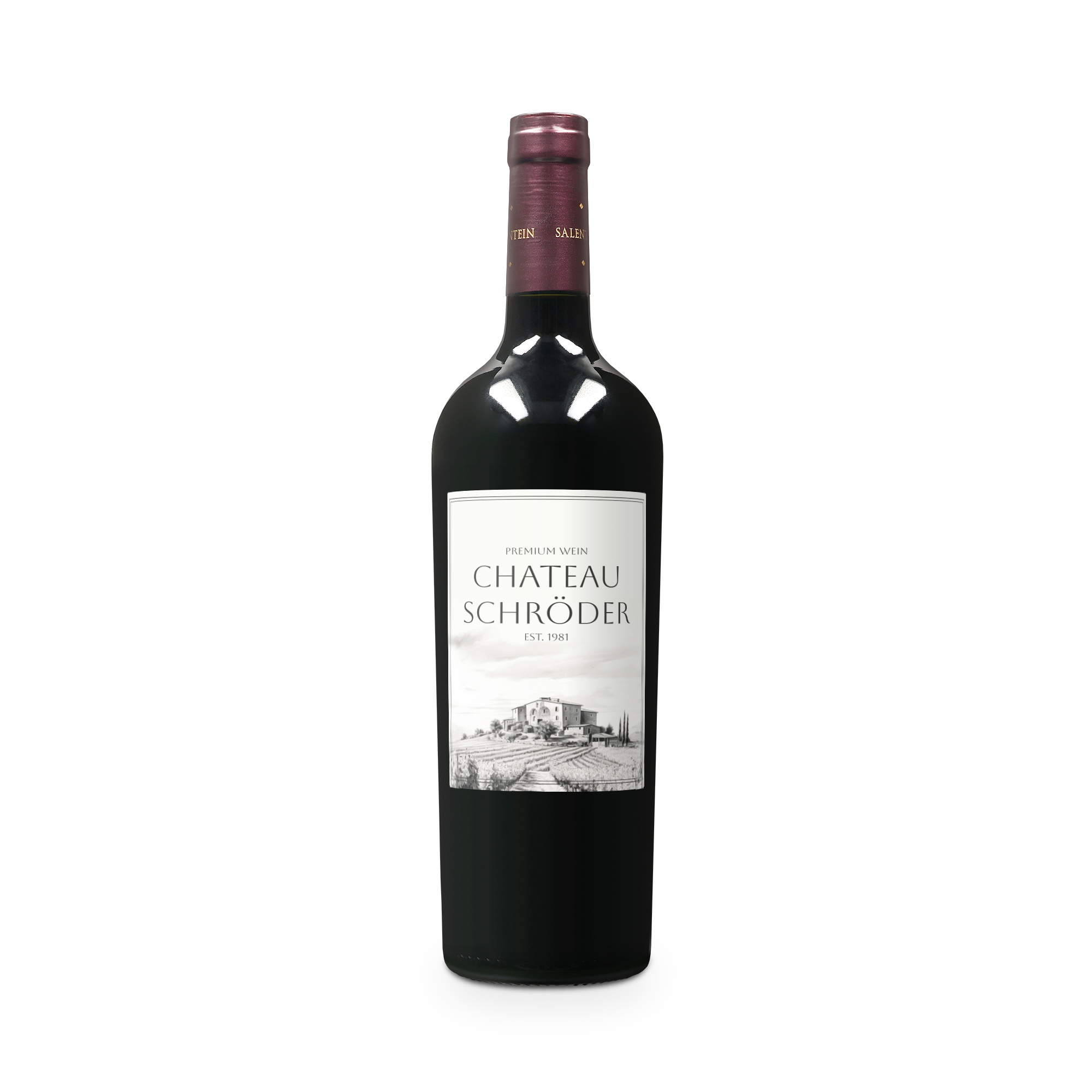 Salentein Merlot Flasche mit personalisiertem Etikett, bedruckt mit "Chateau Schröder" und einer Weinbergszene.