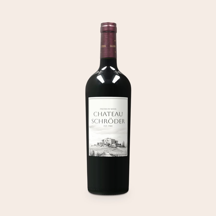 Personalisierter Wein - Salentein Merlot Salentein Merlot Flasche mit personalisiertem Etikett, bedruckt mit "Chateau Schröder" und einer Weinbergszene.