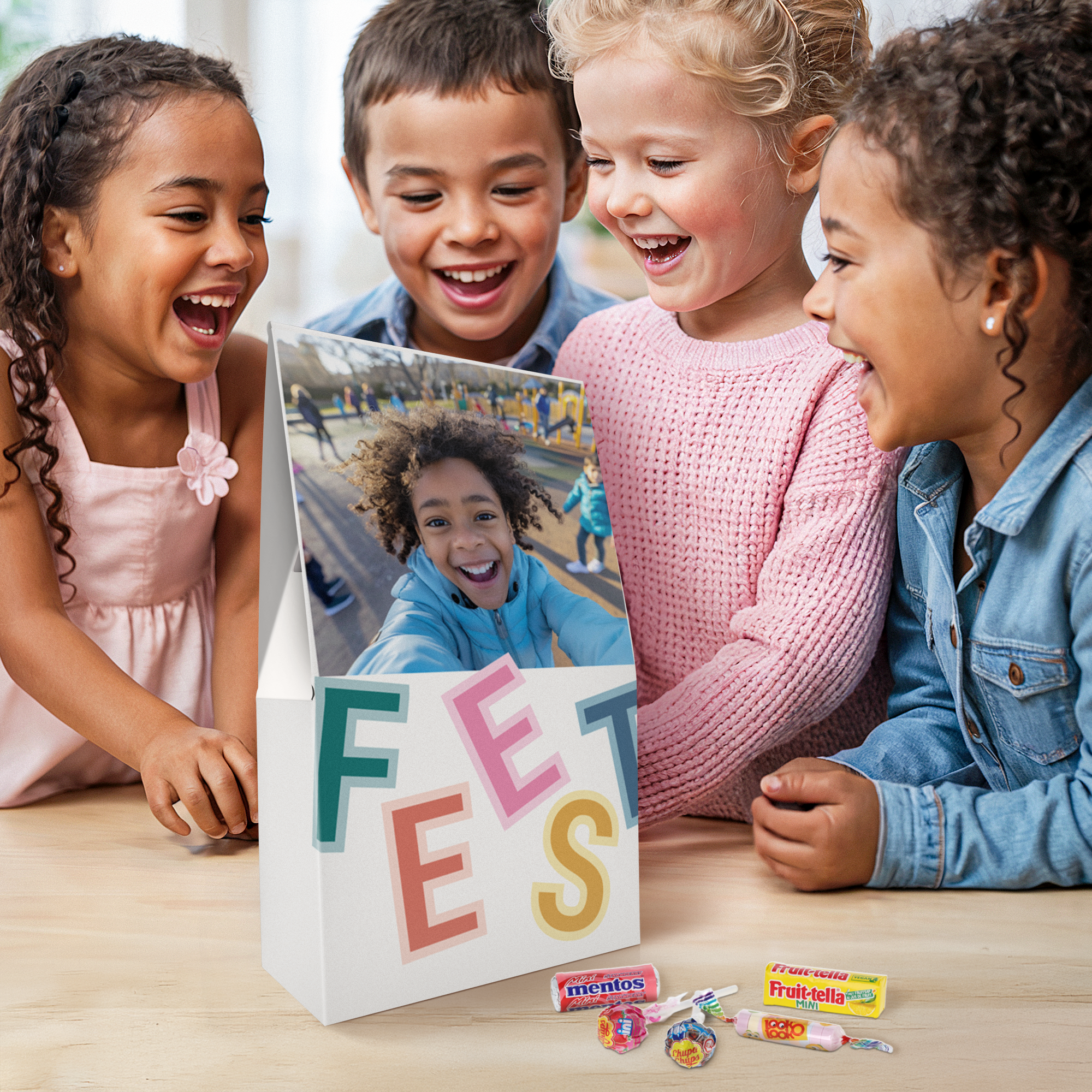 Vier lachende kinderen met een gepersonaliseerd snoepmix cadeau met foto en het woord FEST erop geprint.