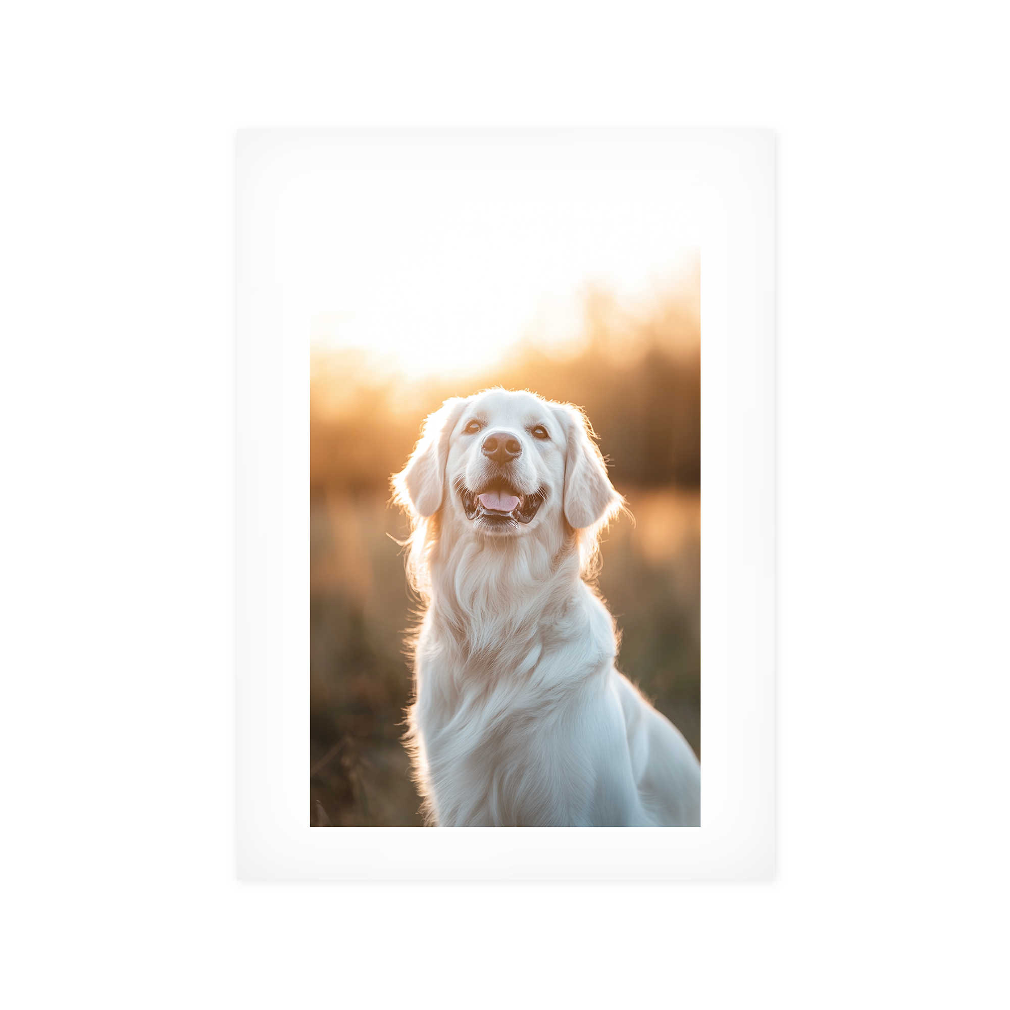 Persoonlijke poster met een lachende gouden retriever hond in een gouden avondzon, geprint met eigen foto. Vereeuwig je mooiste momenten op unieke wijze met een persoonlijke poster.