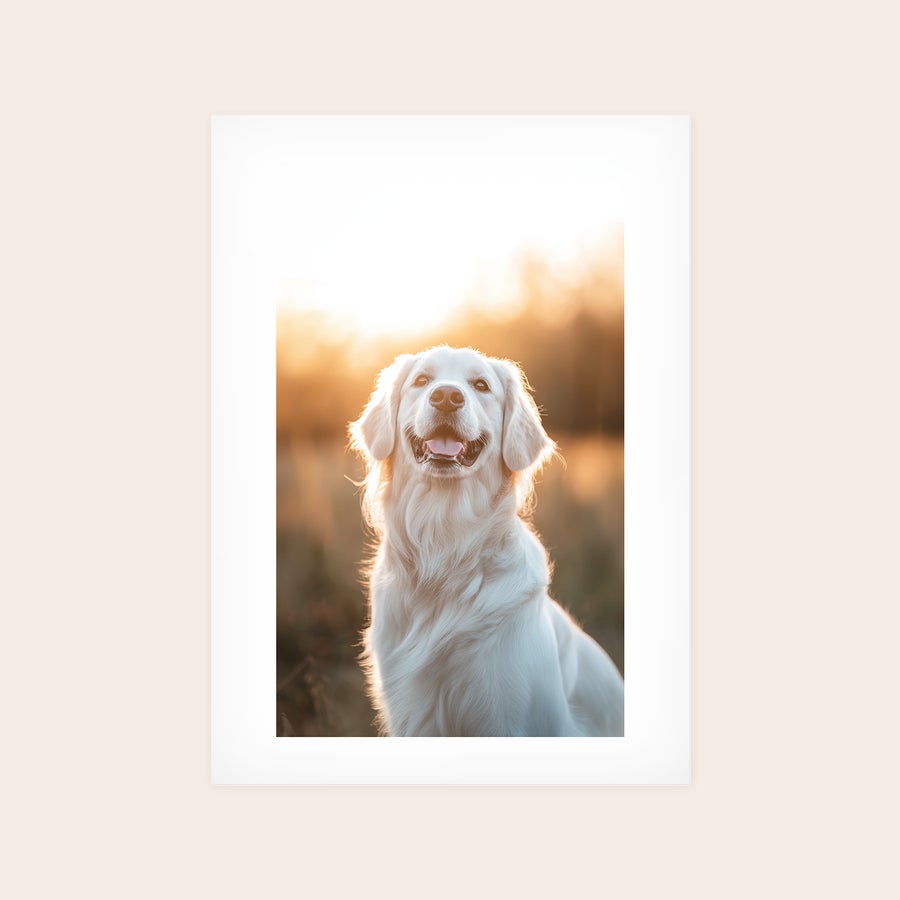 Poster photo prints Personalized poster photo print of a golden retriever dog with a sunset background to capture your favorite moments