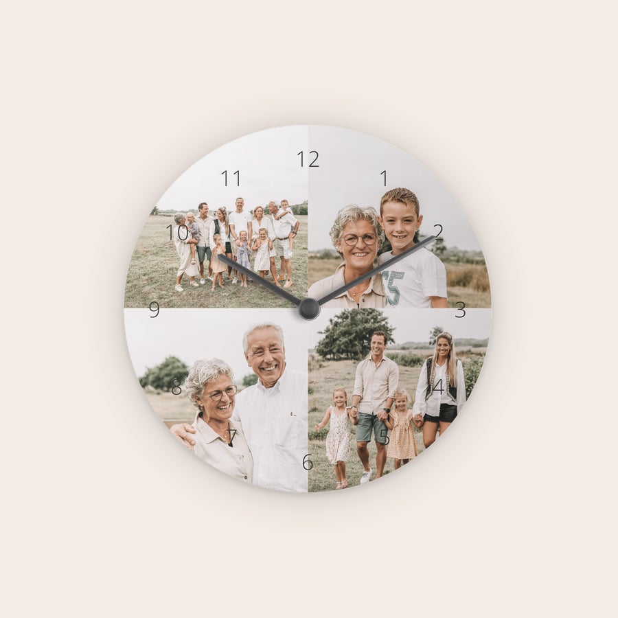 Personalised wall clock Round personalized clock printed with a photo collage of a family outdoors.
