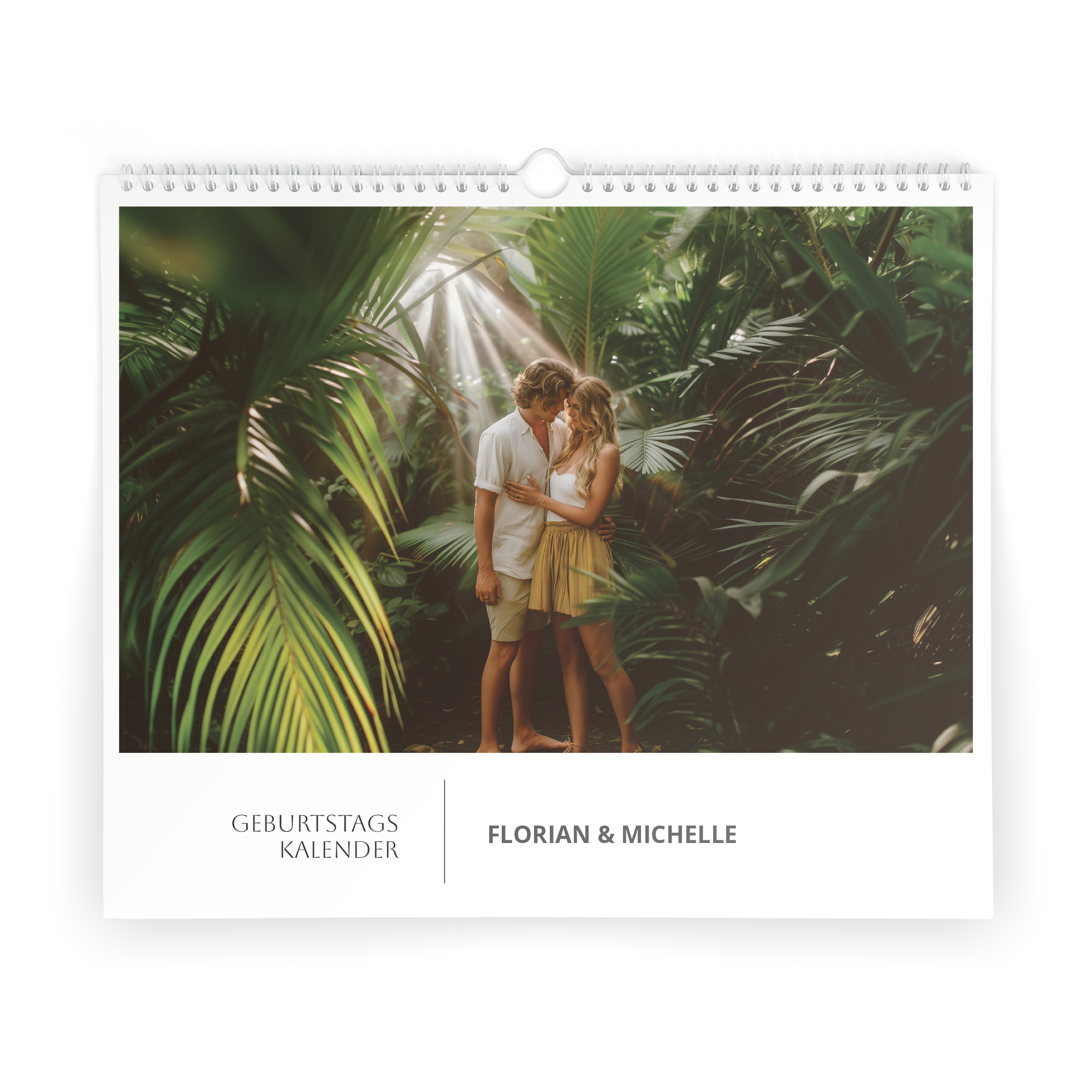 Geburtstagskalender mit einem Foto von Florian und Michelle in einem tropischen Garten personalisiert
