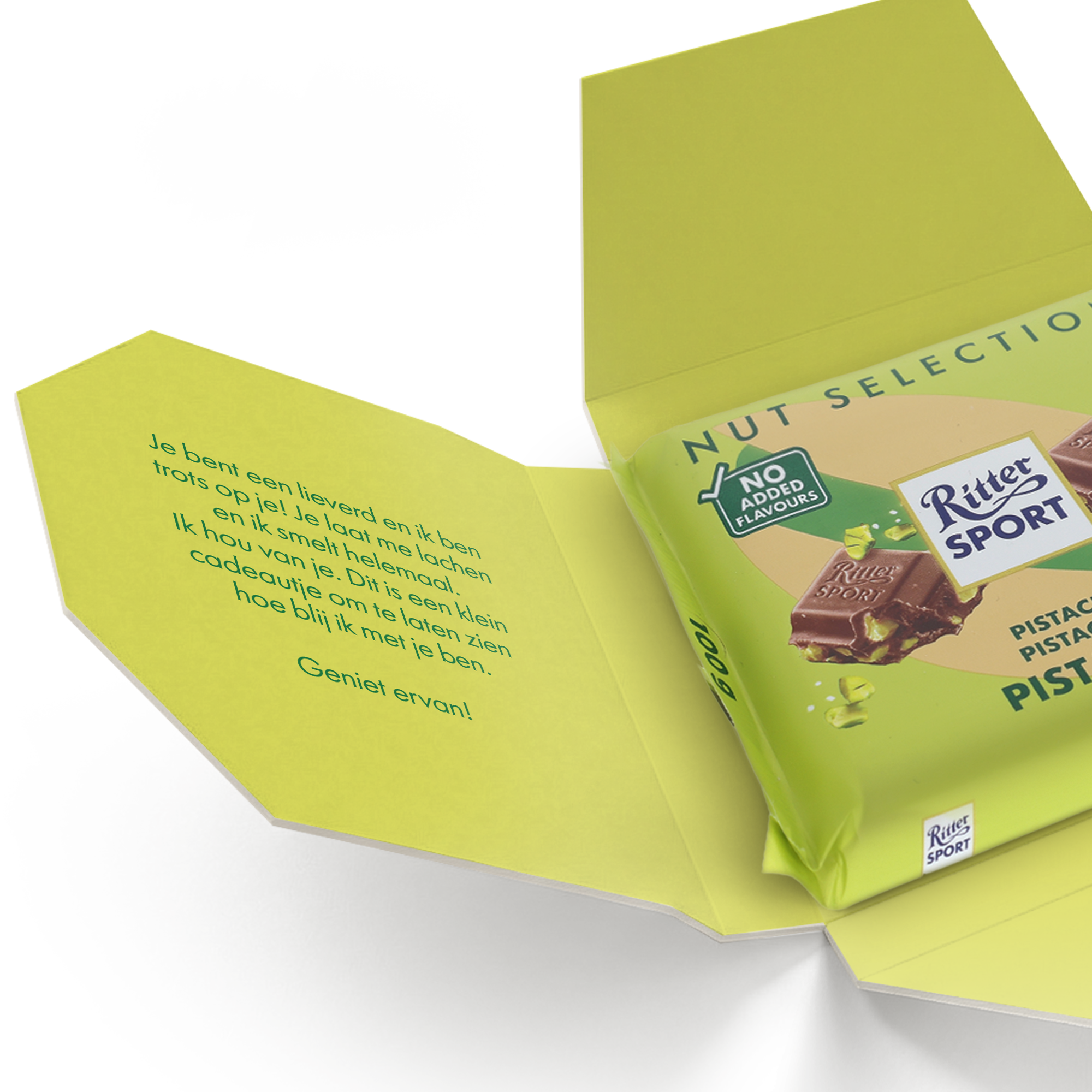 Gepersonaliseerde chocoladecadeaubox met Ritter Sport pistache en een liefdevolle Test-boodschap, gedrukt in de doos.