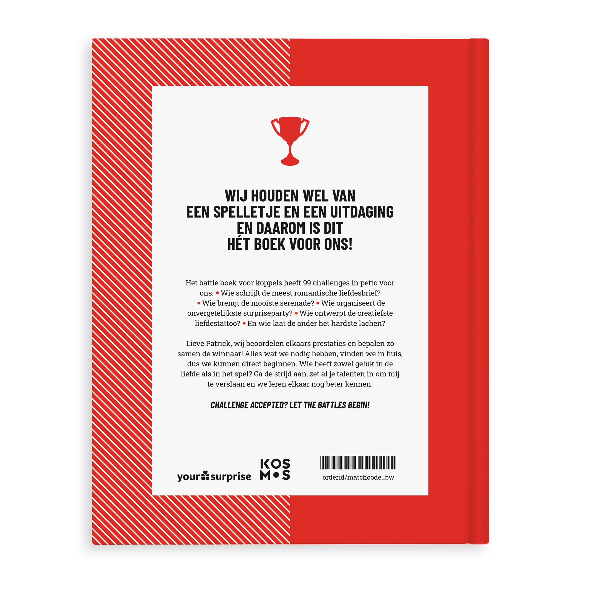 Rood-wit gestreept persoonlijk Battle boek voor koppels, bedrukt met tekst en gepersonaliseerd met de naam Patrick