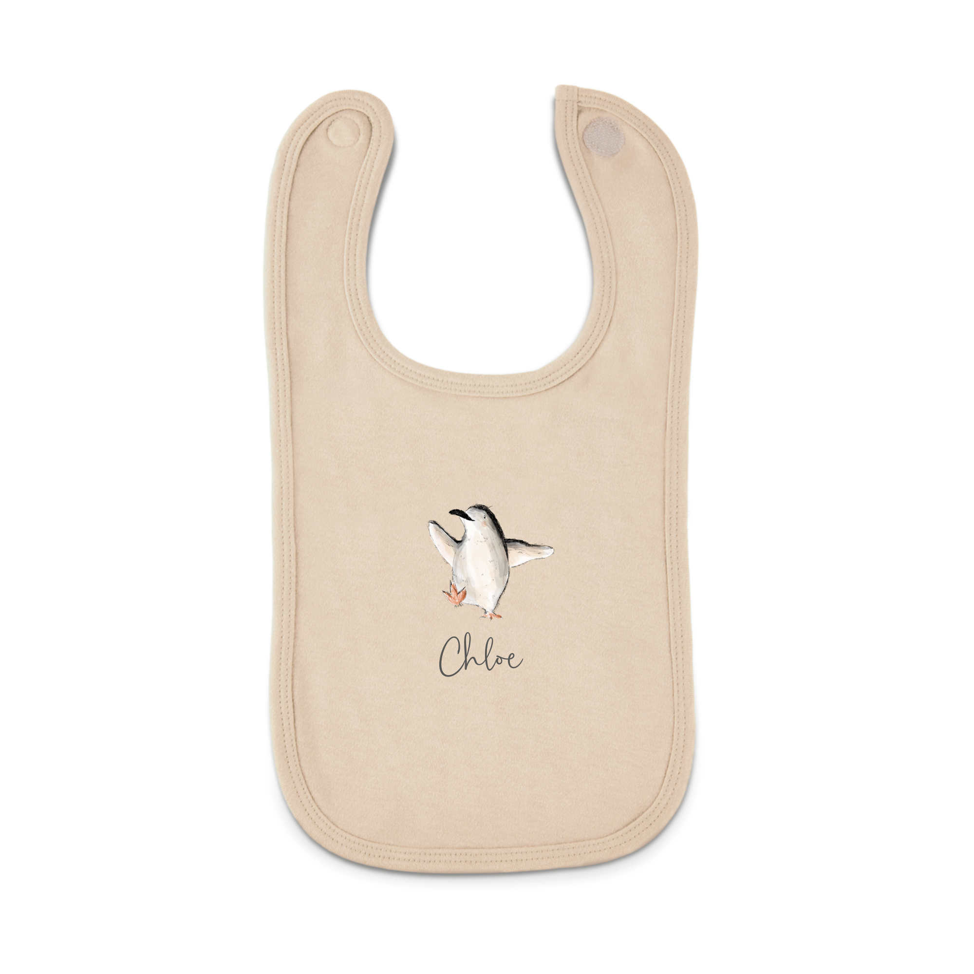 Beige personalised bib with a printed watercolor penguin and the name Chloe in script font